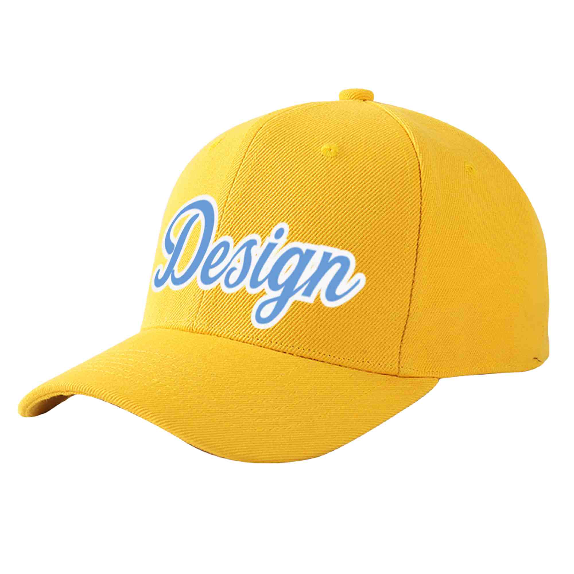 Custom Gold Light Blue-White Curved Eaves Sport Design Baseball Cap