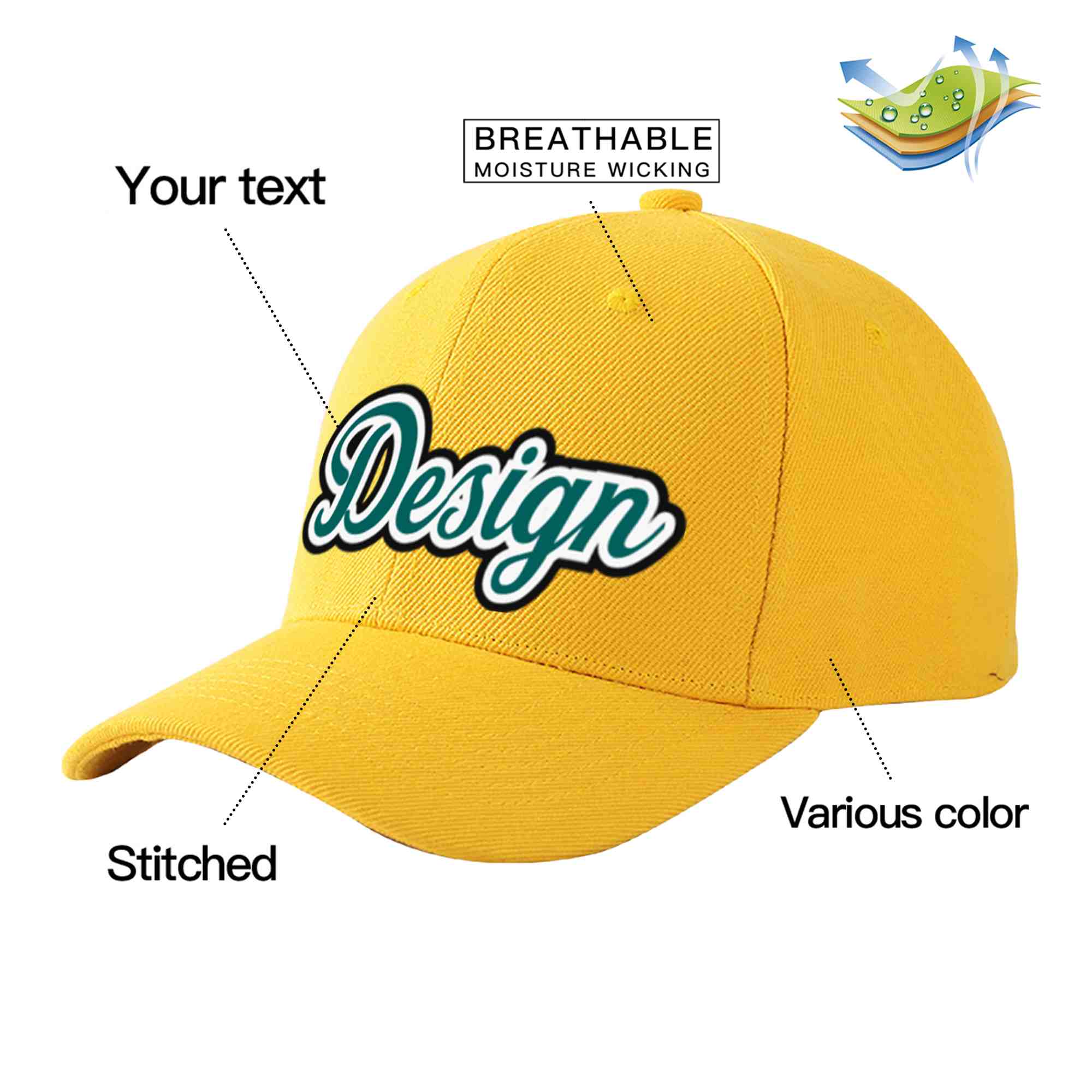 Custom Gold Aqua-White Curved Eaves Sport Design Baseball Cap