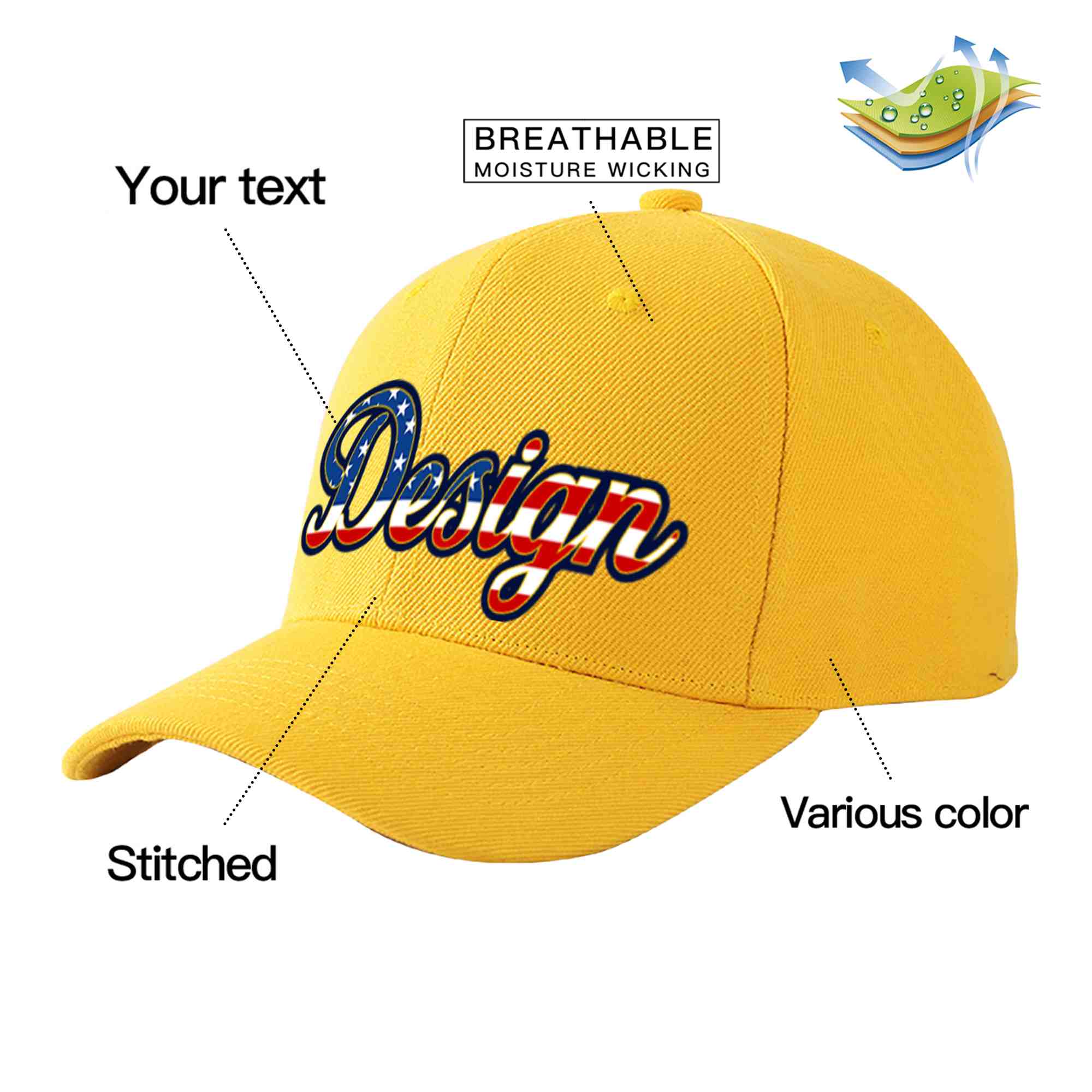 Custom Gold Vintage USA Flag-Gold Curved Eaves Sport Design Baseball Cap