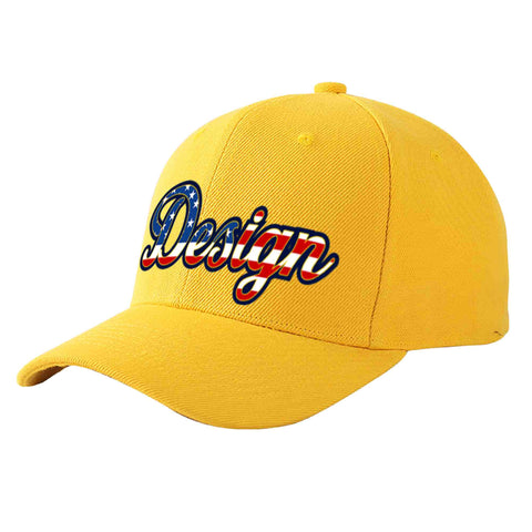 Custom Gold Vintage USA Flag-Gold Curved Eaves Sport Design Baseball Cap
