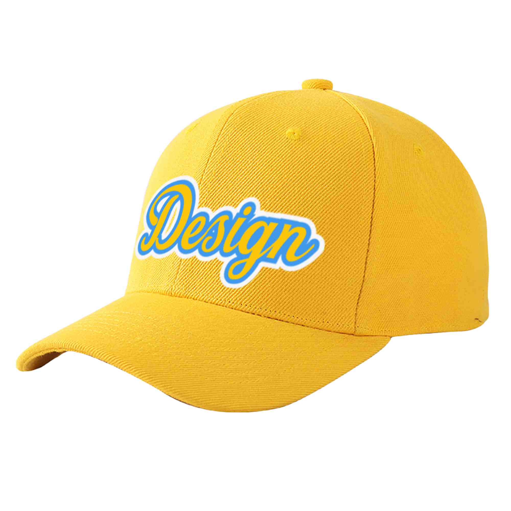 Custom Gold Gold-Powder Blue Curved Eaves Sport Design Baseball Cap