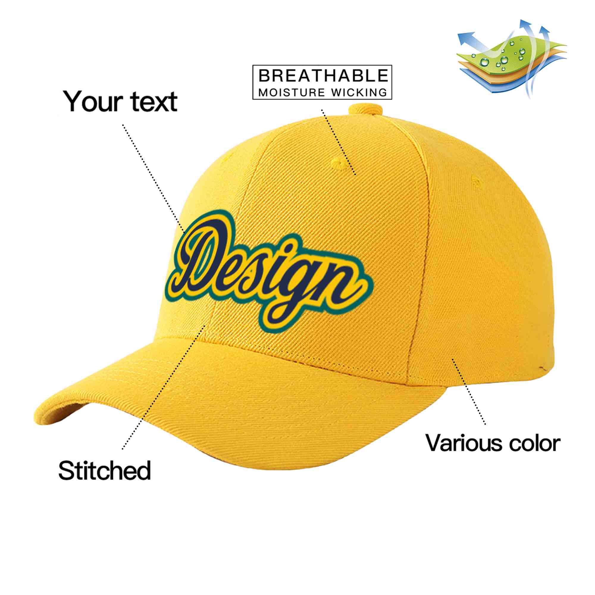 Custom Gold Navy-Gold Curved Eaves Sport Design Baseball Cap