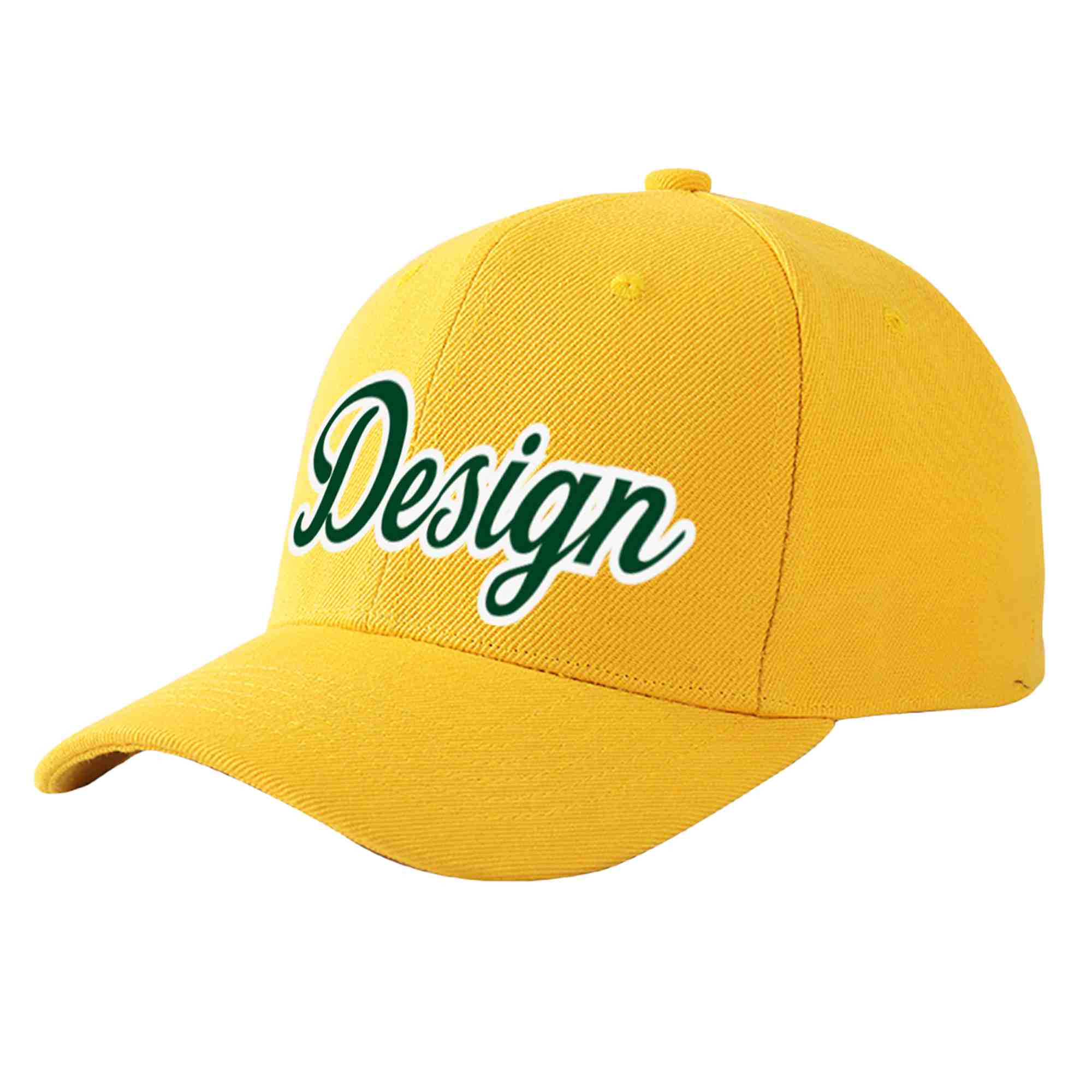 Casquette de baseball courbée personnalisée en or, vert et blanc, design sportif