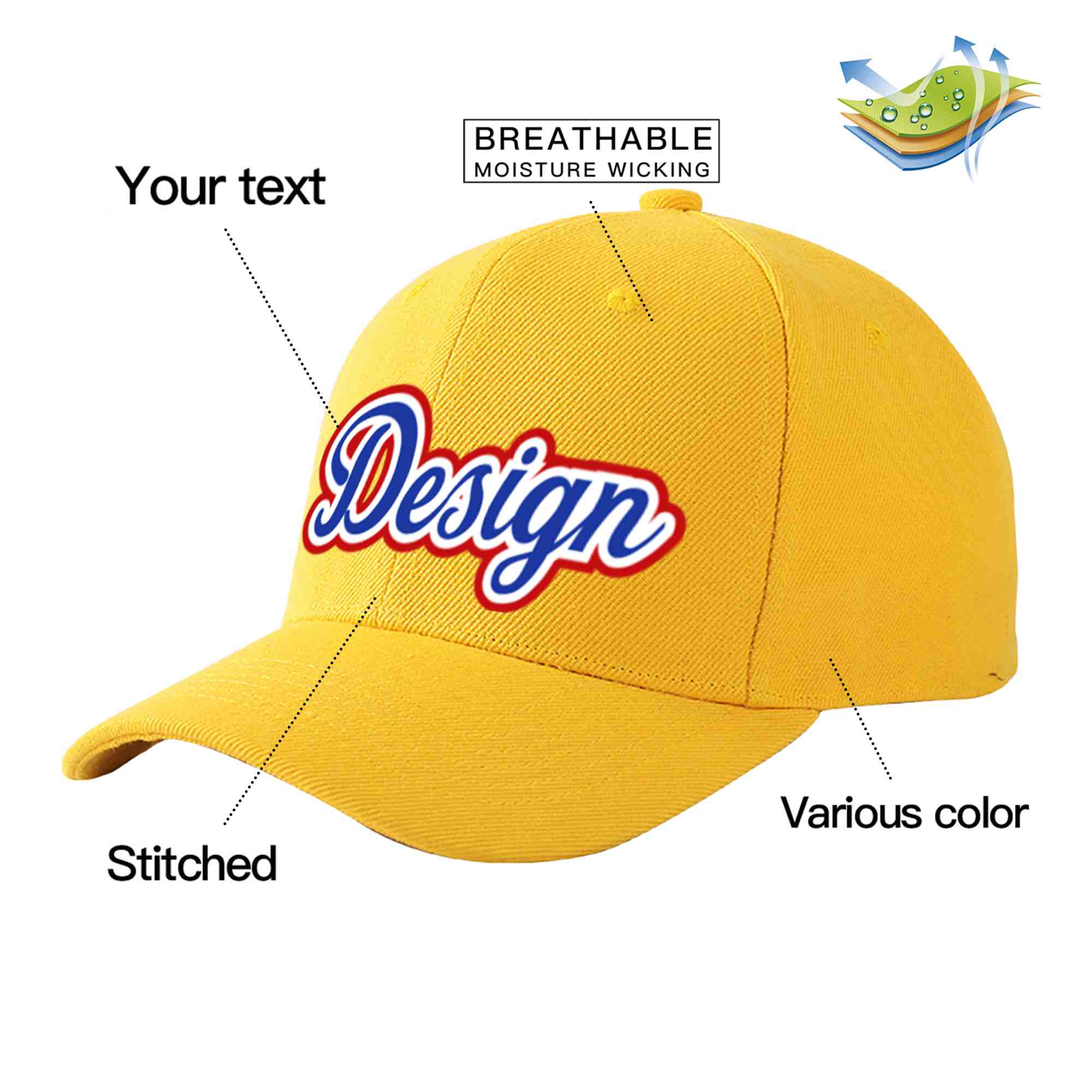 Casquette de baseball personnalisée en or Royal-White Curved Eaves Sport Design