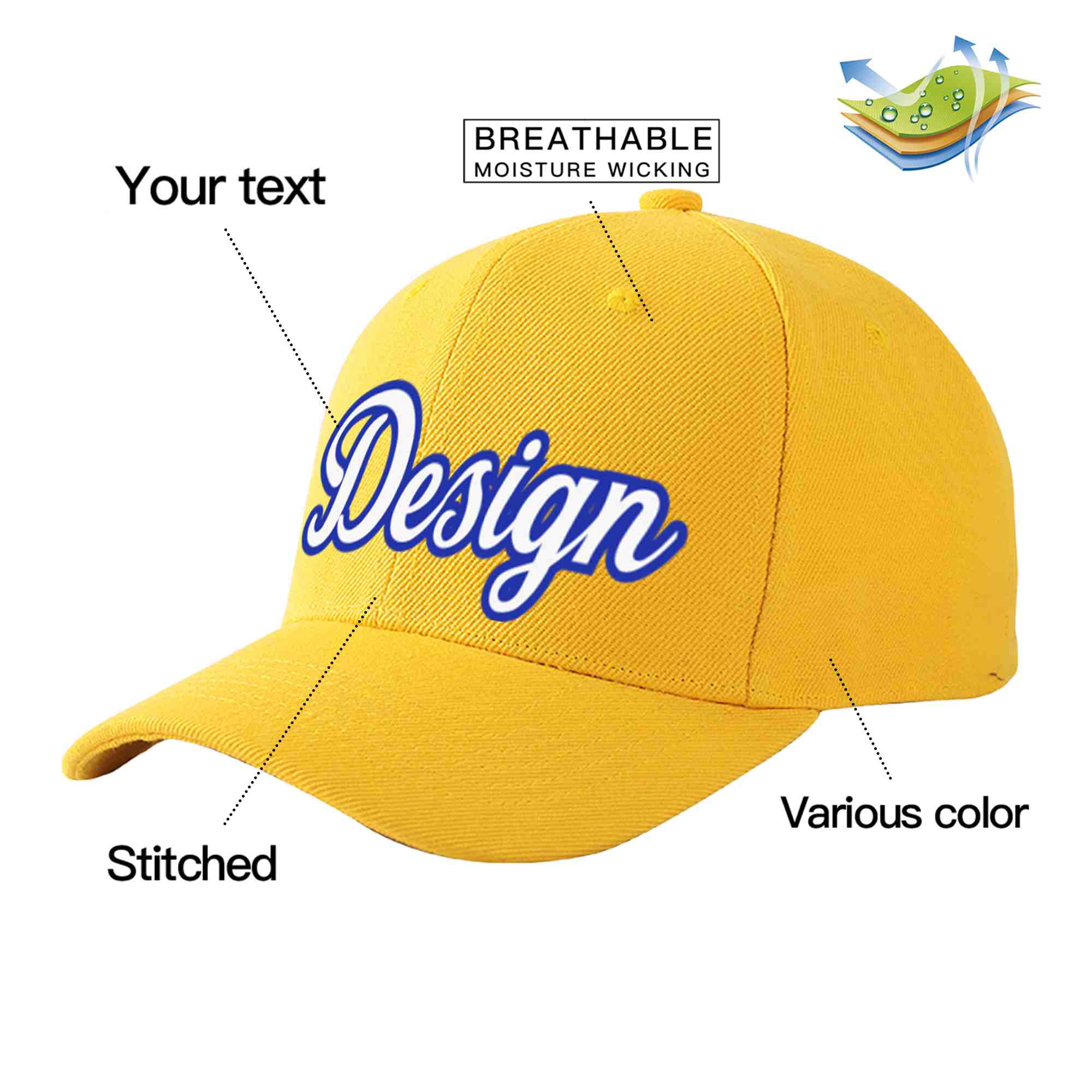 Custom Gold White-Royal Curved Eaves Sport Design Baseball Cap