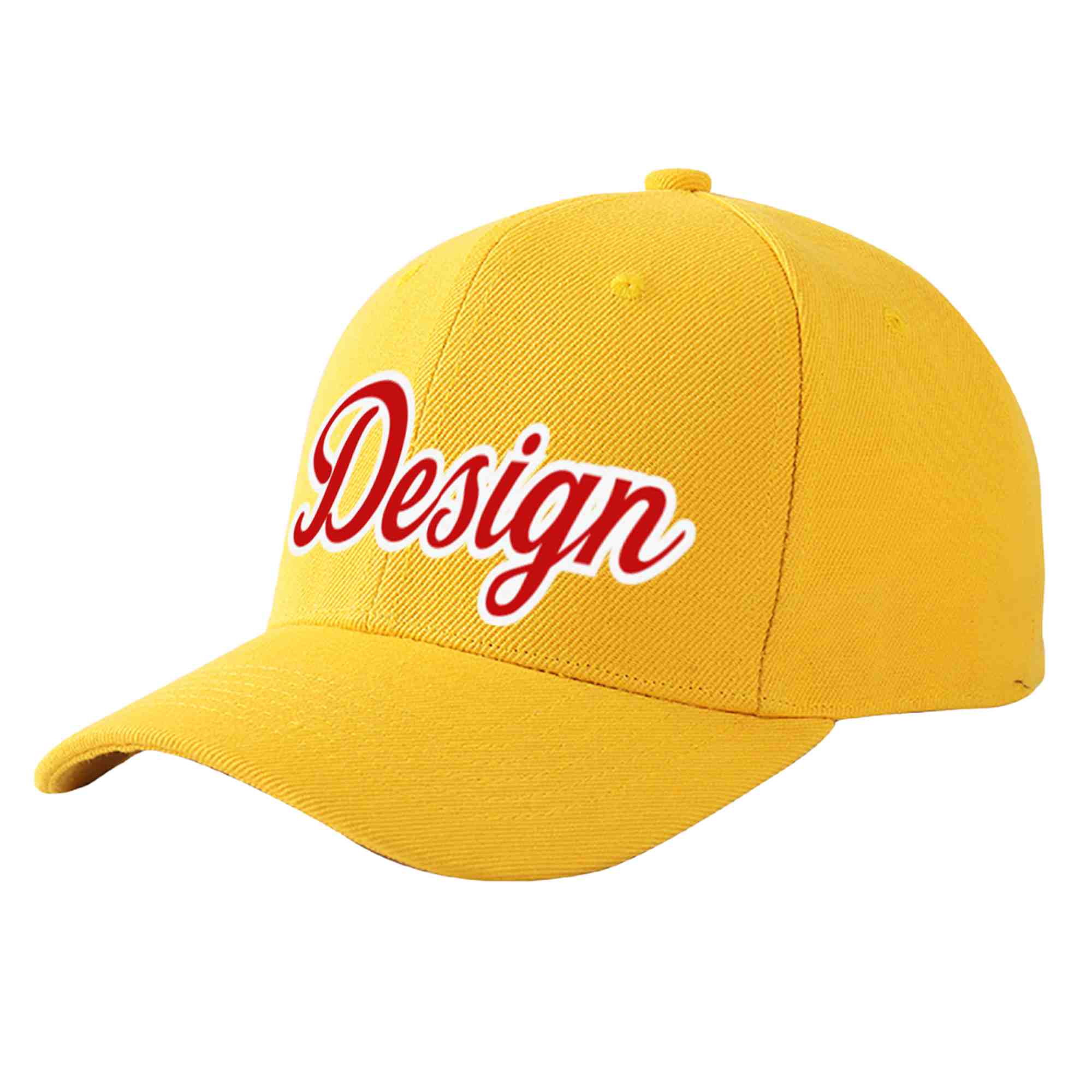 Casquette de baseball personnalisée en or, rouge et blanc, design sportif, avec avant-toit incurvé