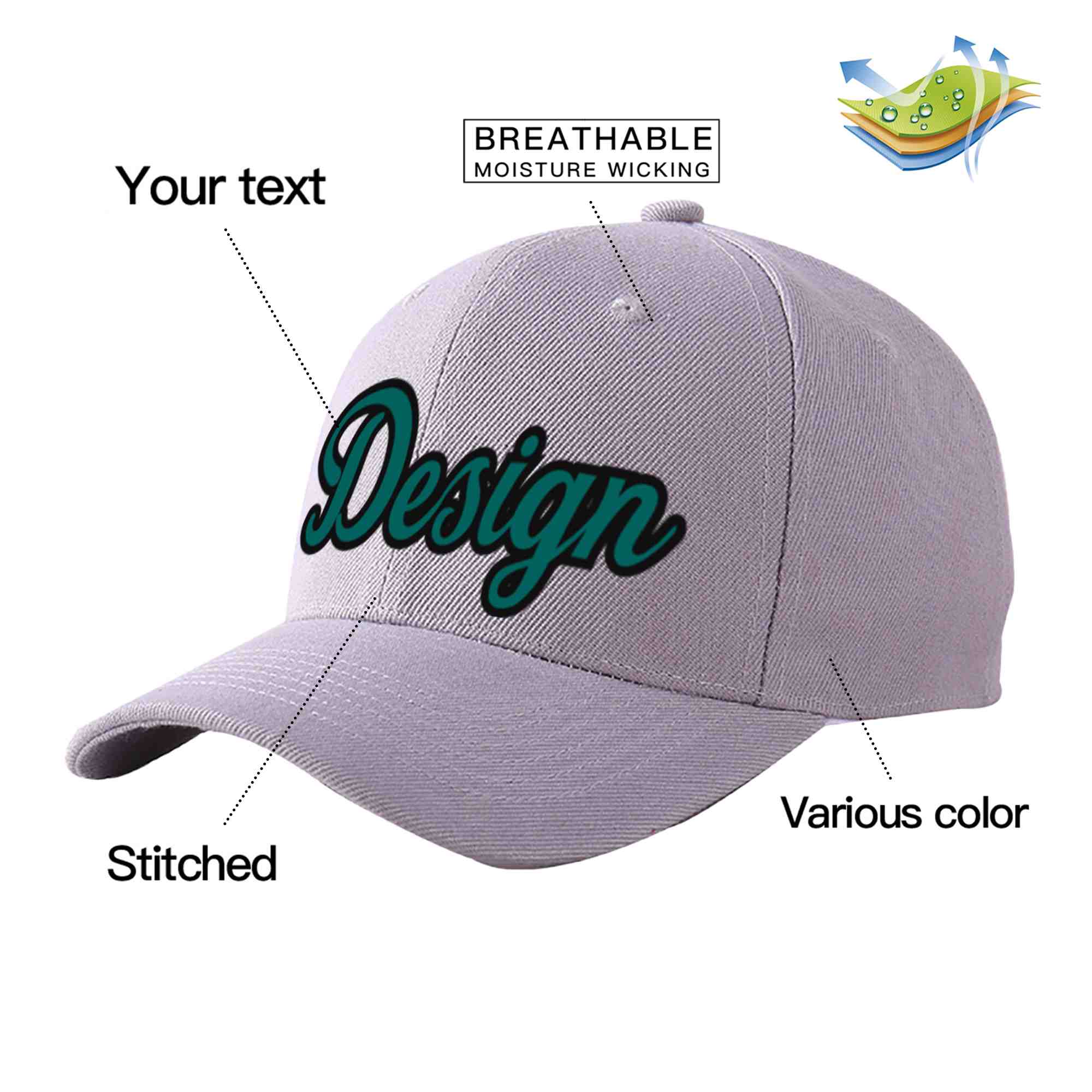 Casquette de baseball personnalisée gris aqua-noir incurvée Eaves Sport Design