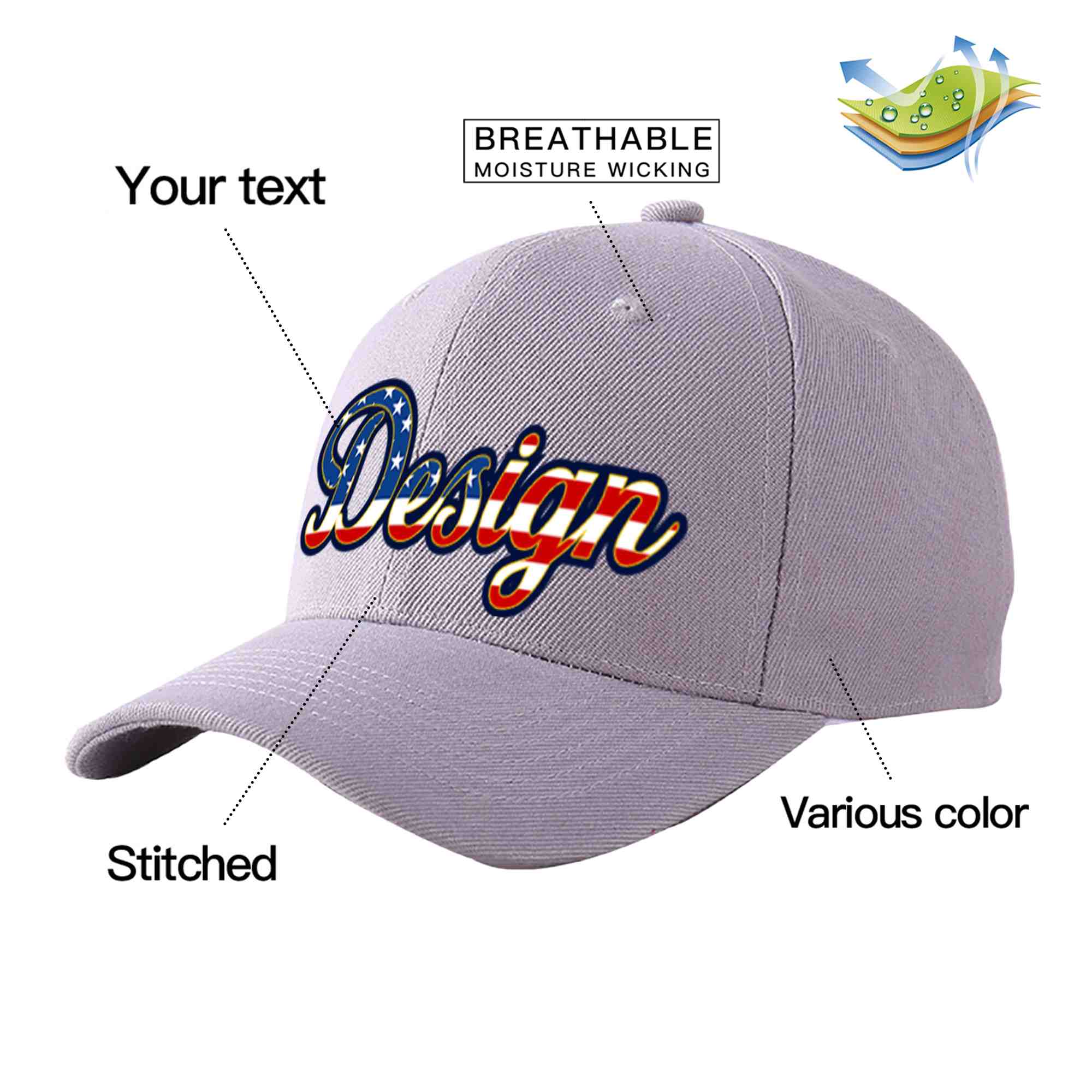 Custom Gray Vintage USA Flag-Gold Curved Eaves Sport Design Baseball Cap