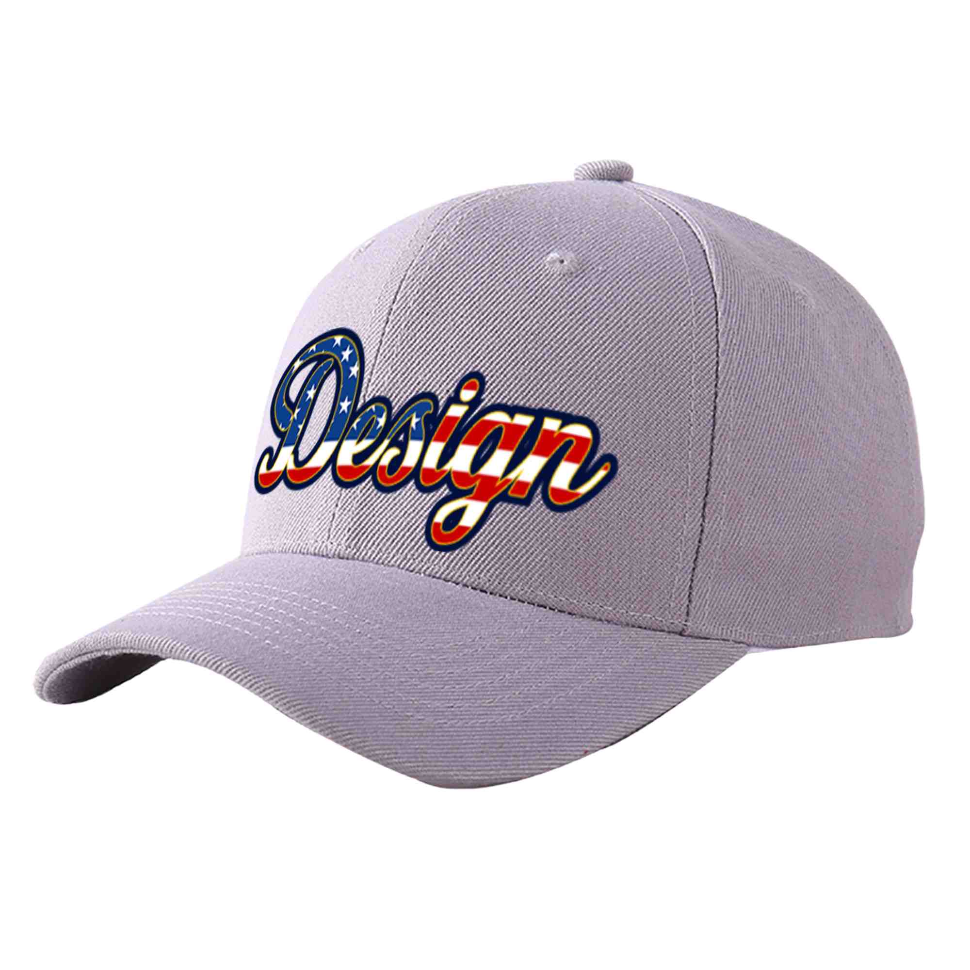 Casquette de baseball personnalisée avec drapeau américain, gris, vintage, avec avant-toit incurvé et or, Design sportif