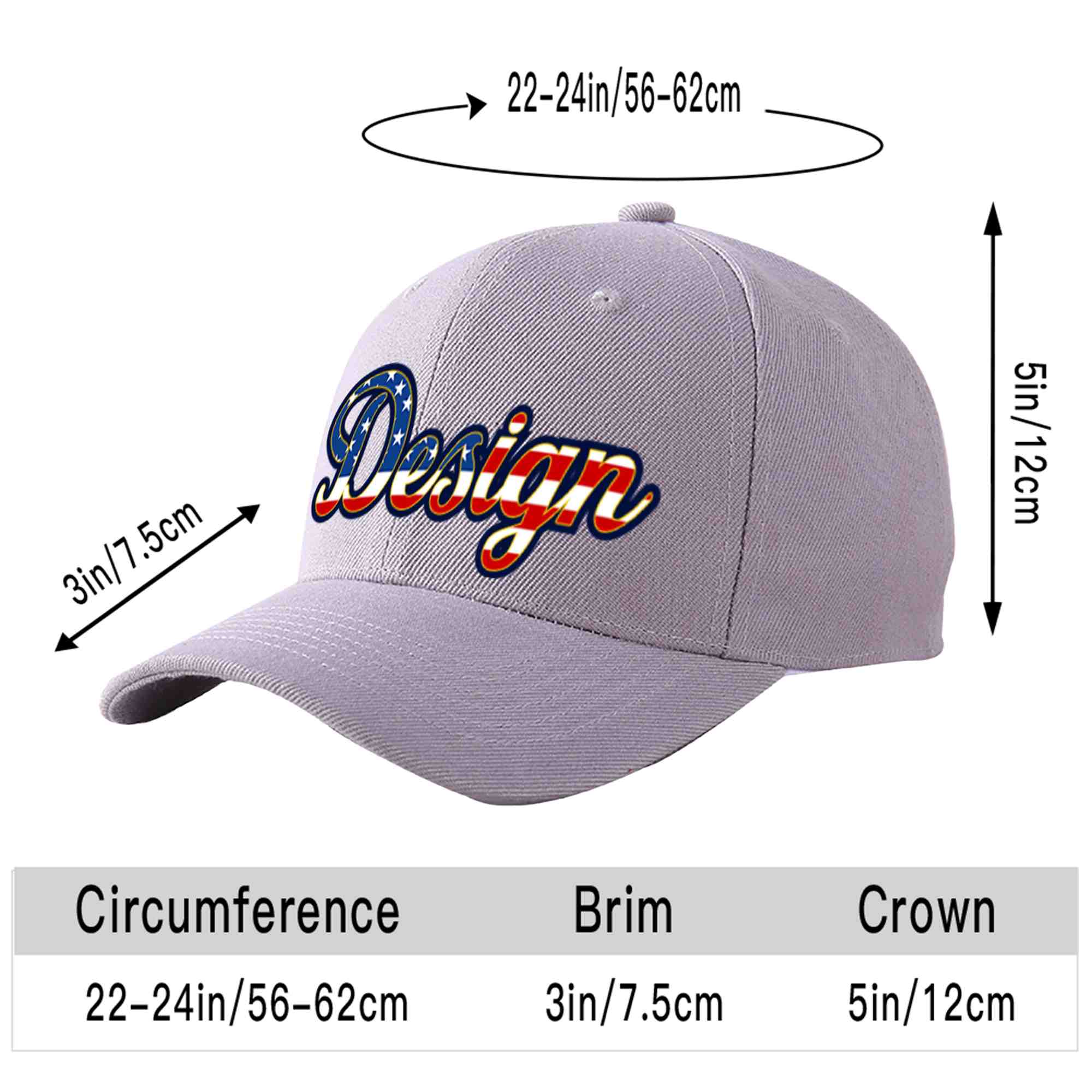 Casquette de baseball personnalisée avec drapeau américain, gris, vintage, avec avant-toit incurvé et or, Design sportif