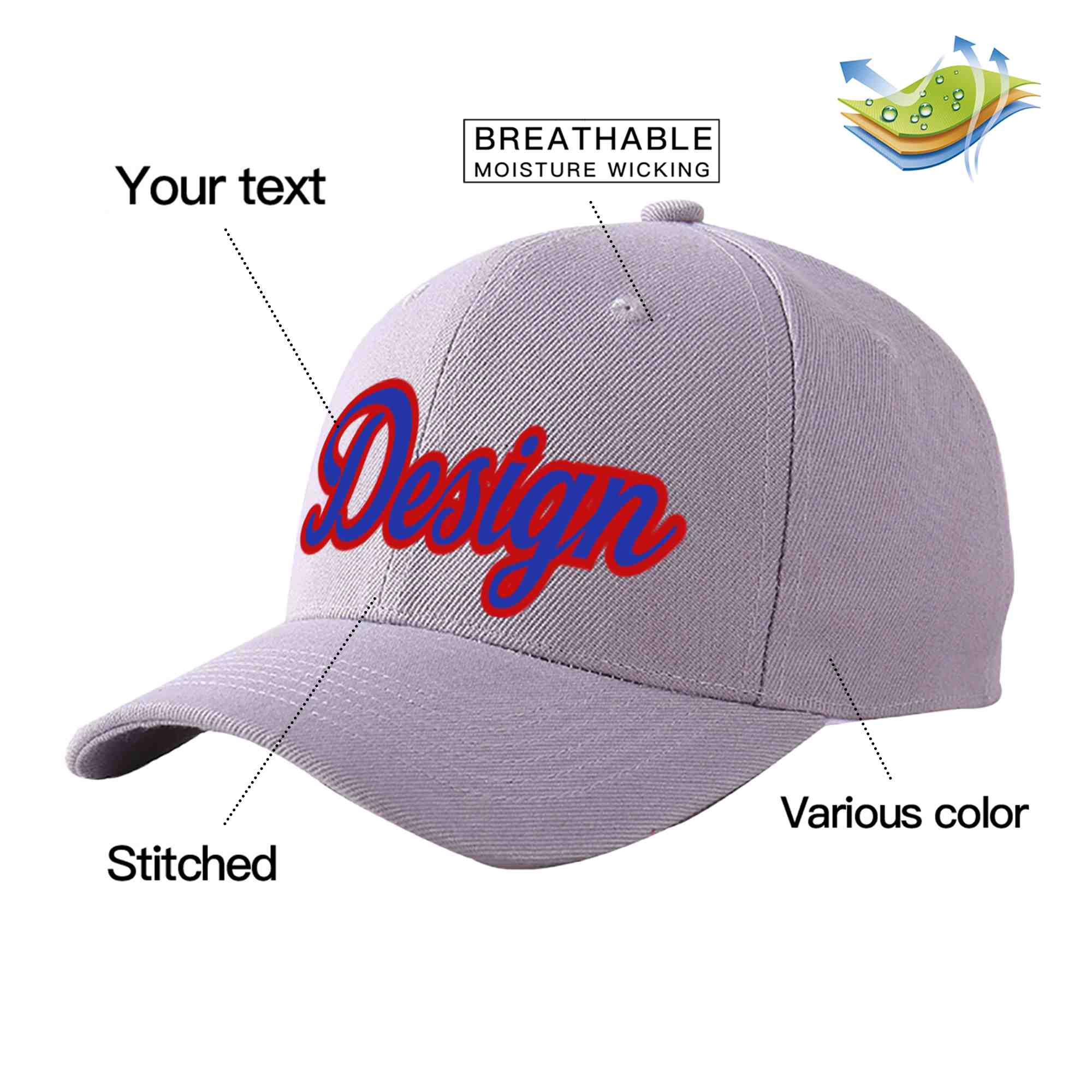 Custom Gray Royal-Red Curved Eaves Sport Design Baseball Cap