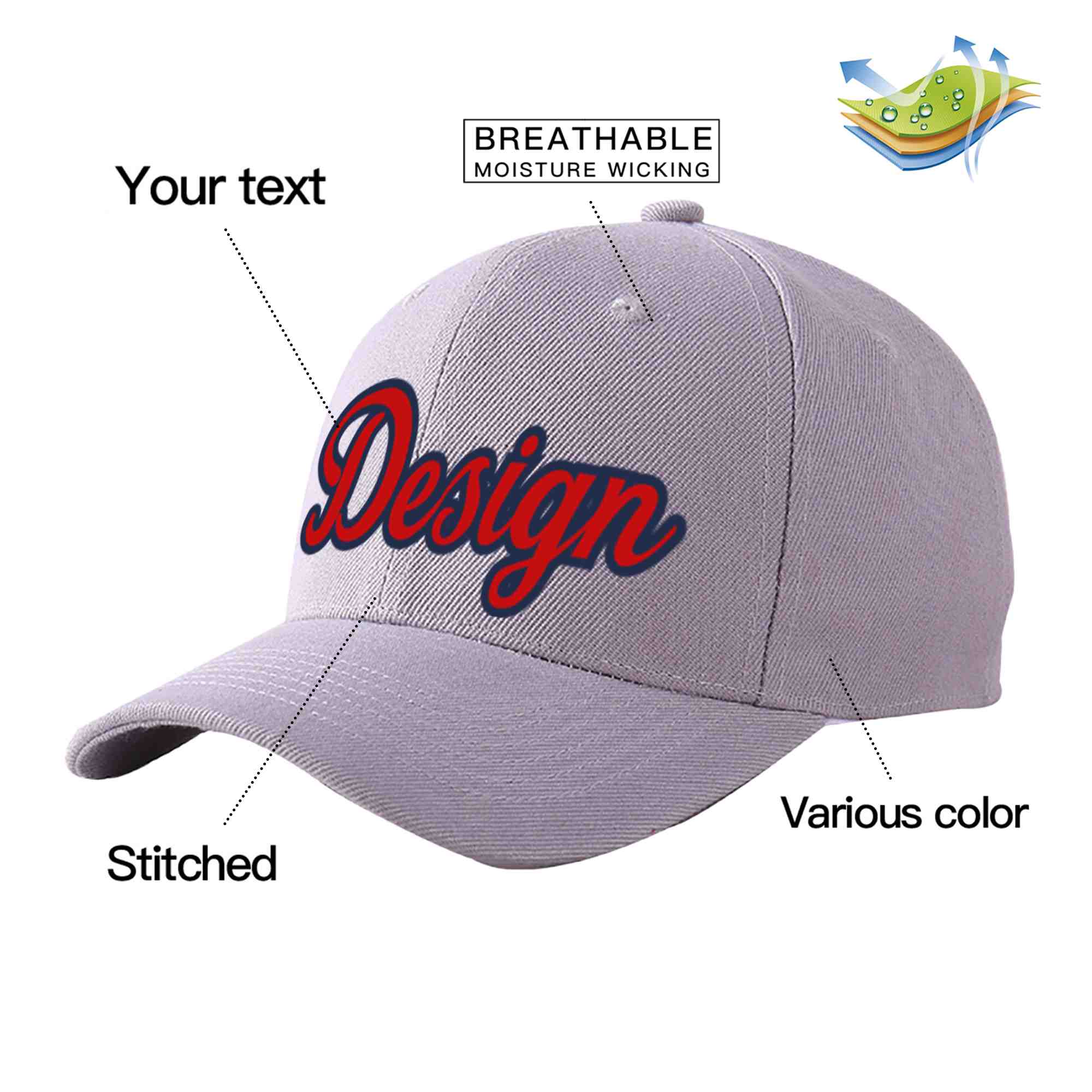 Casquette de baseball personnalisée gris rouge-marine courbée Eaves Sport Design