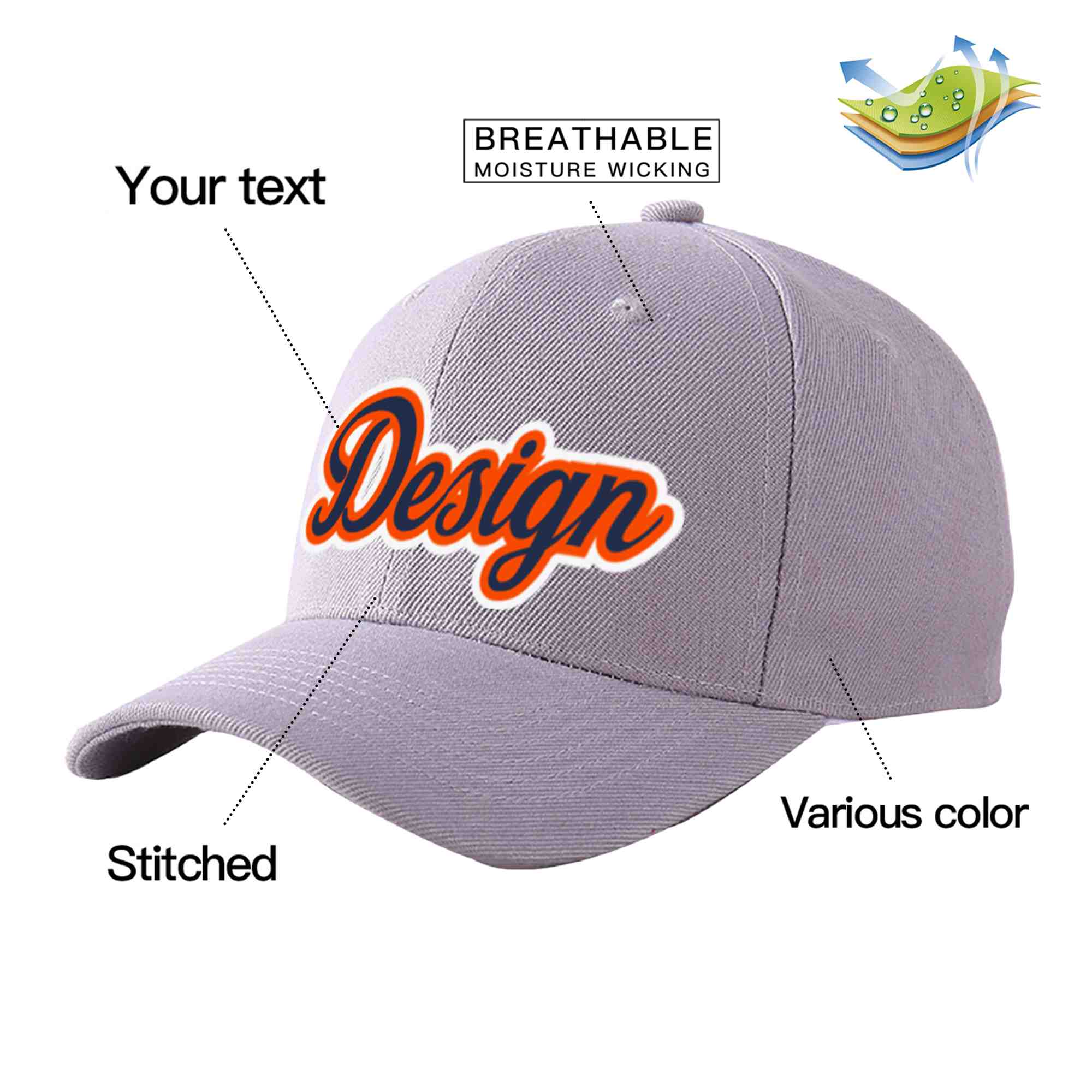 Custom Gray Navy-Orange Curved Eaves Sport Design Baseball Cap