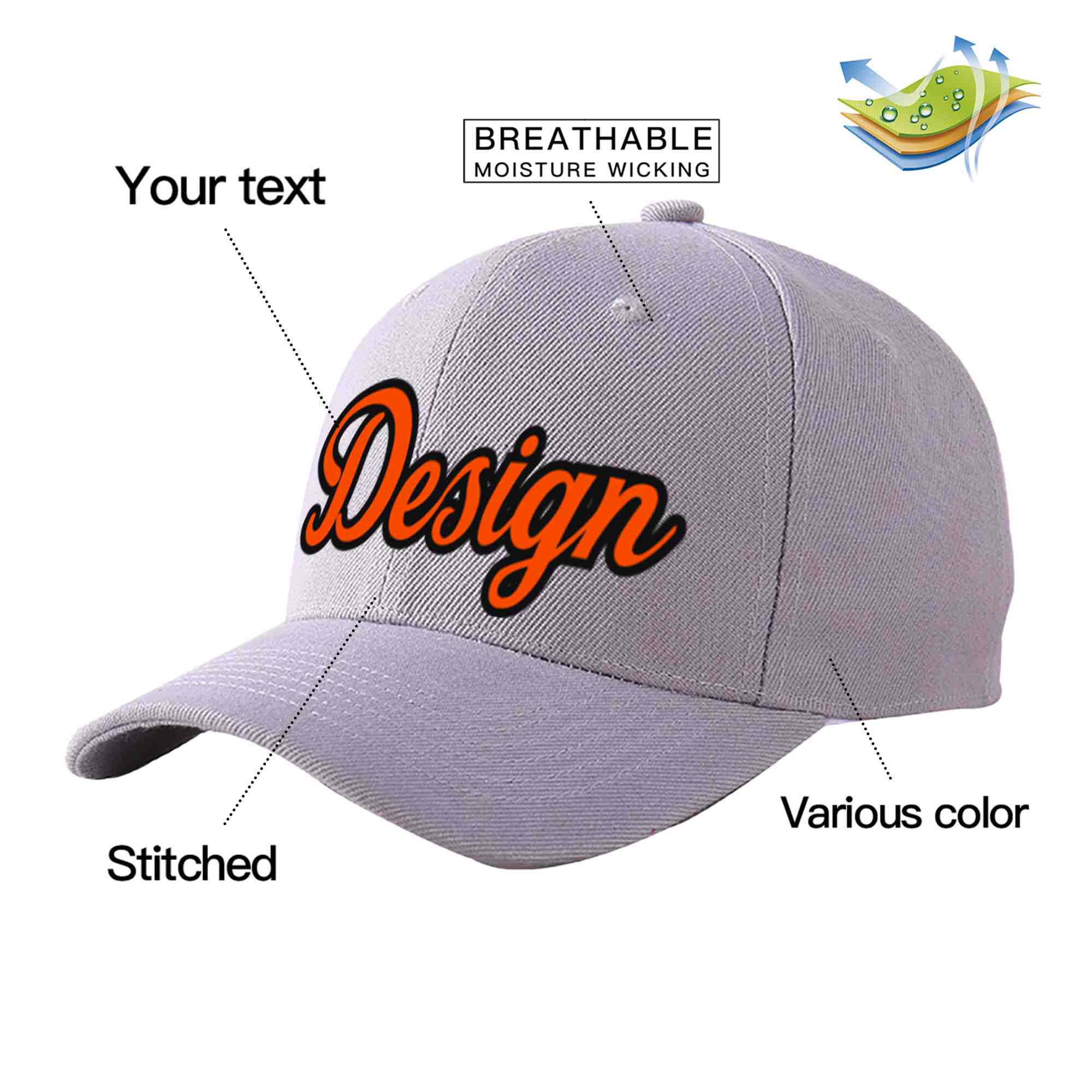 Custom Gray Orange-Black Curved Eaves Sport Design Baseball Cap