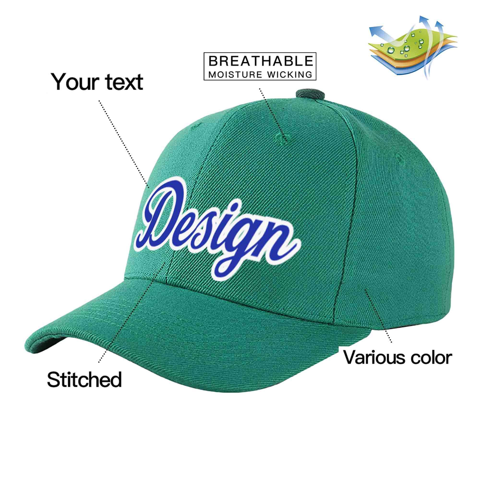 Custom Light Green Royal-White Curved Eaves Sport Design Baseball Cap