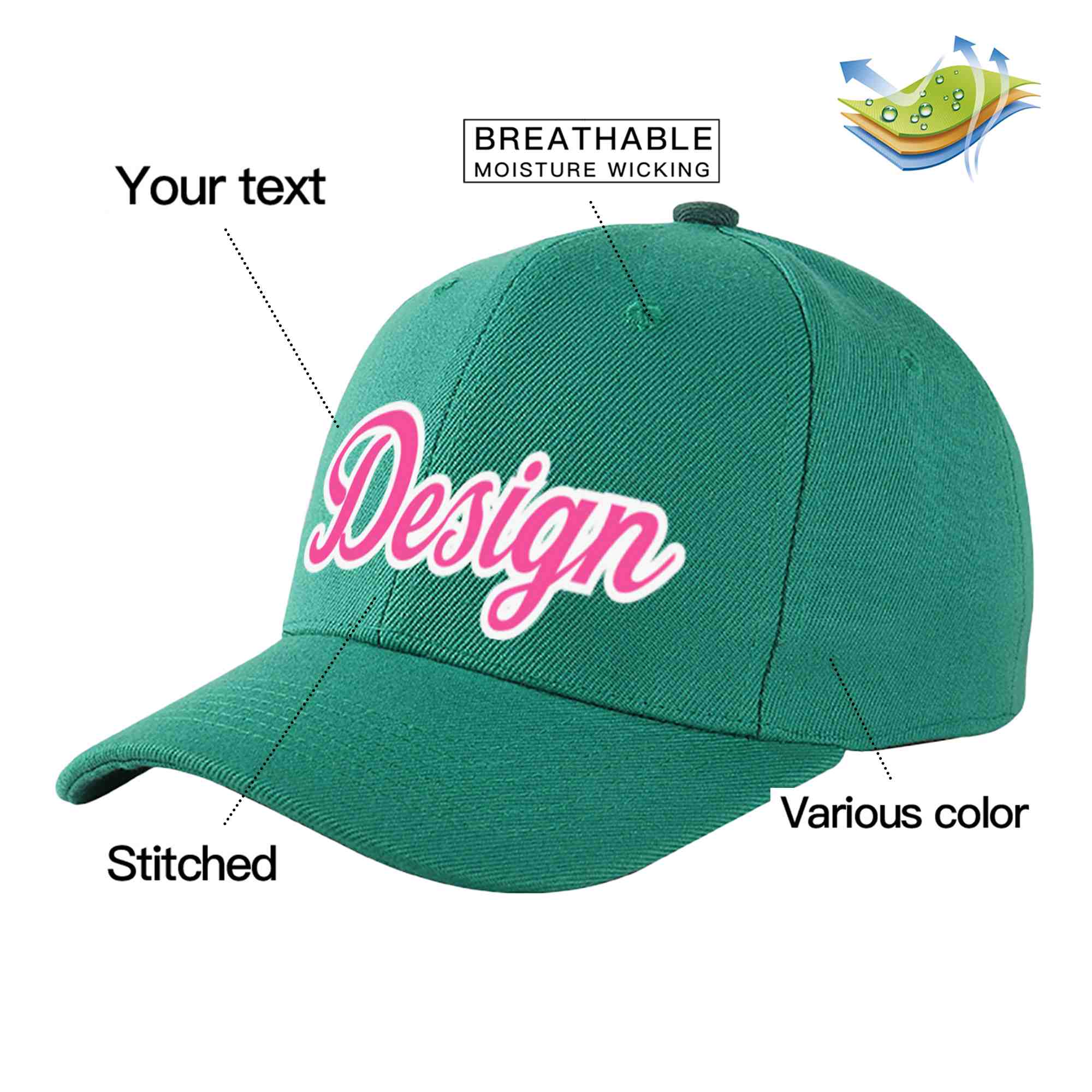 Casquette de baseball incurvée personnalisée vert clair rose-blanc avec avant-toit