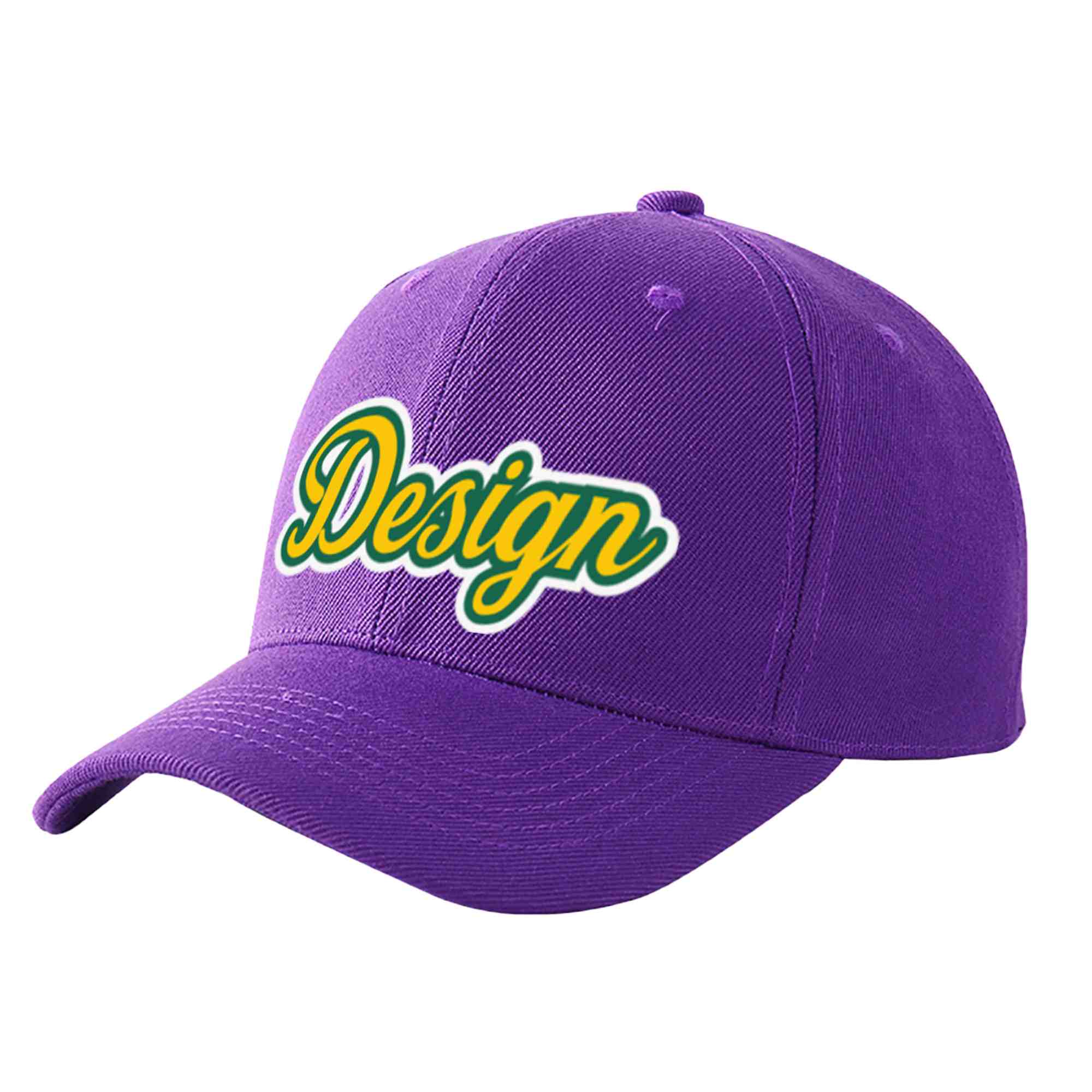 Casquette de baseball personnalisée avec avant-toit incurvé violet doré et vert Kelly