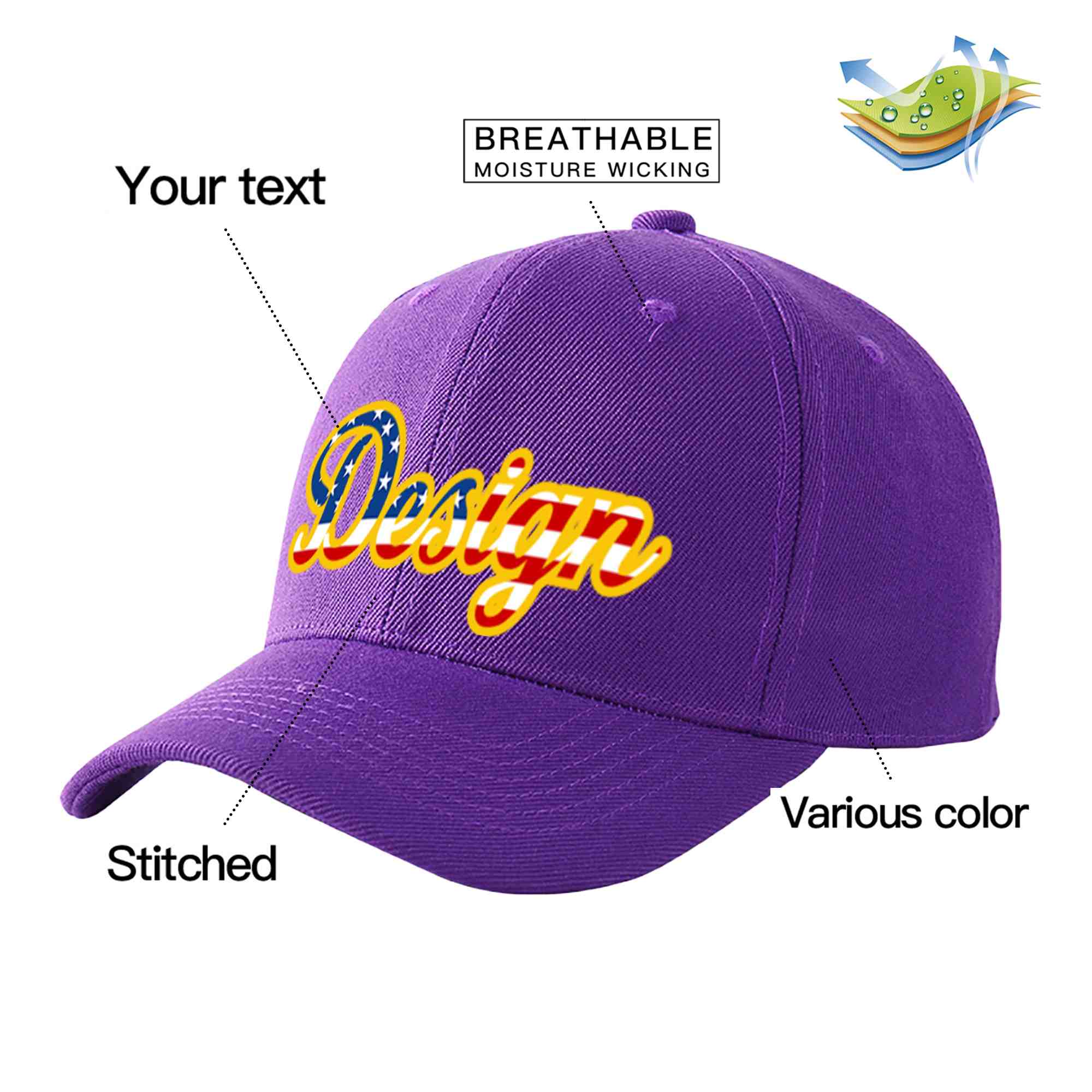 Casquette de baseball personnalisée avec drapeau des États-Unis, violet, vintage, avec avant-toit incurvé et or, Design sportif