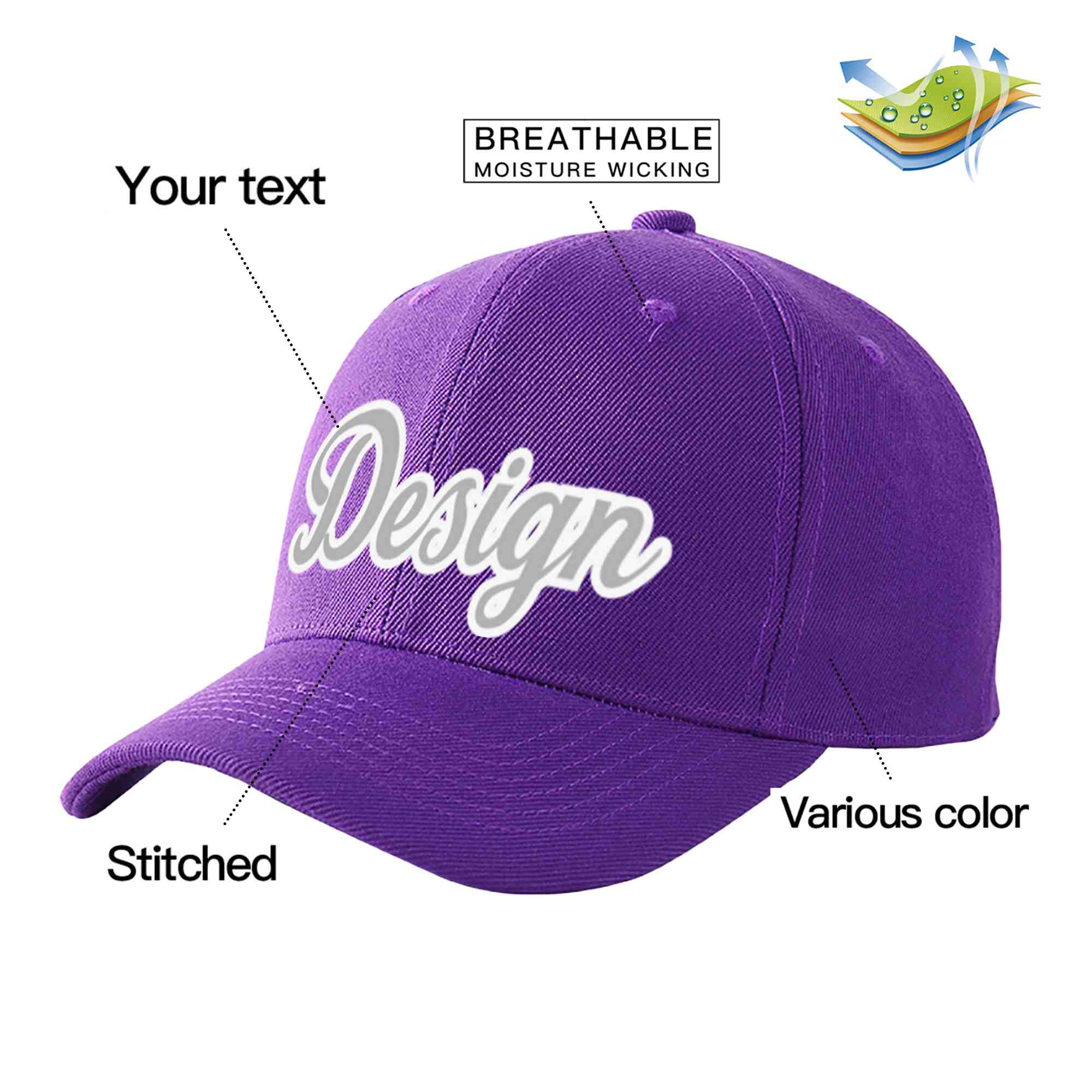 Casquette de baseball personnalisée, violet, gris-blanc, courbée, design sportif