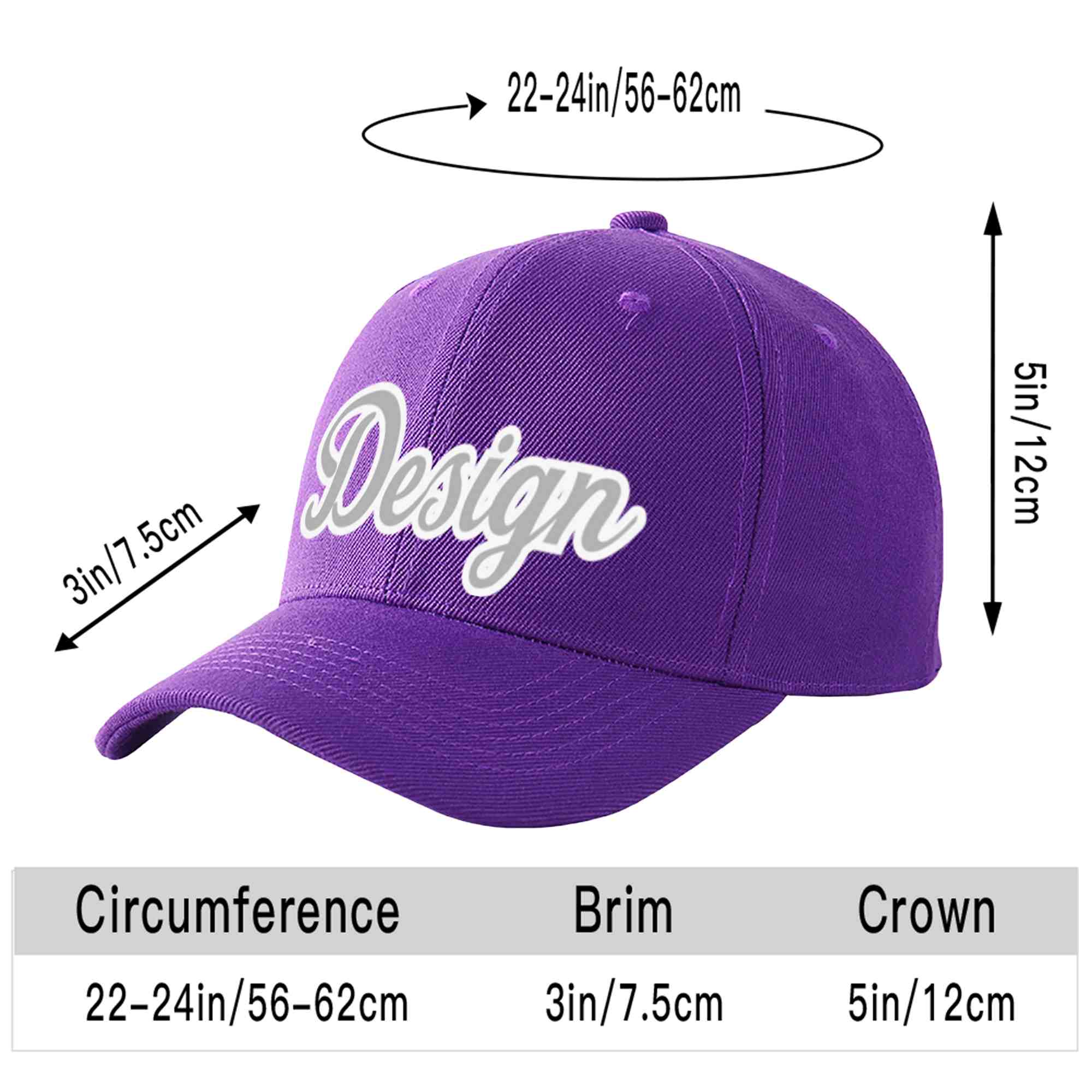 Casquette de baseball personnalisée, violet, gris-blanc, courbée, design sportif