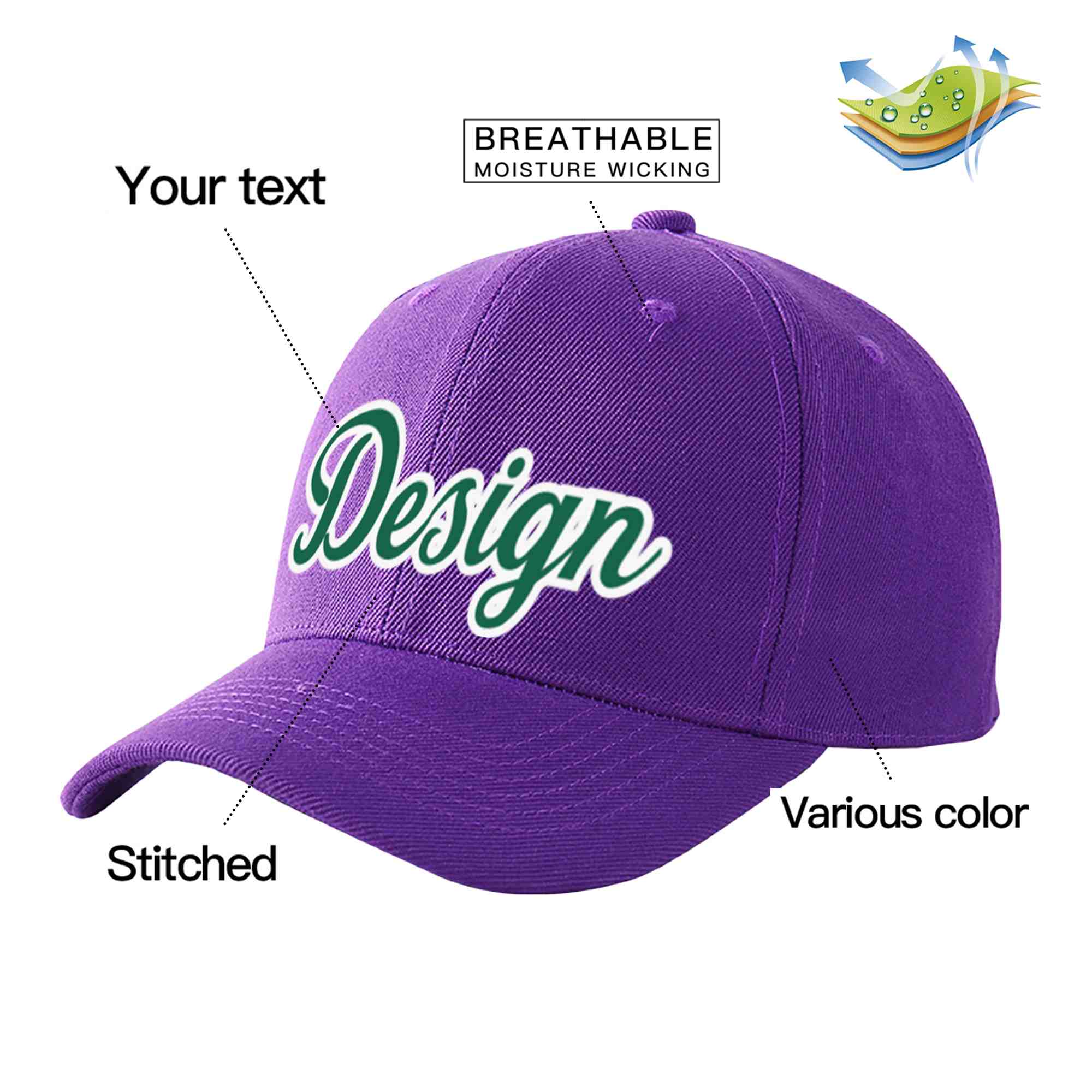 Casquette de baseball personnalisée violet Kelly vert-blanc courbé Eaves Sport Design