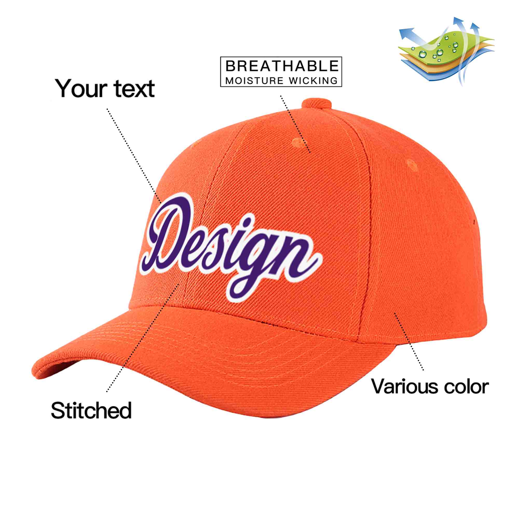 Casquette de baseball personnalisée avec avant-toit incurvé violet-blanc mandarine