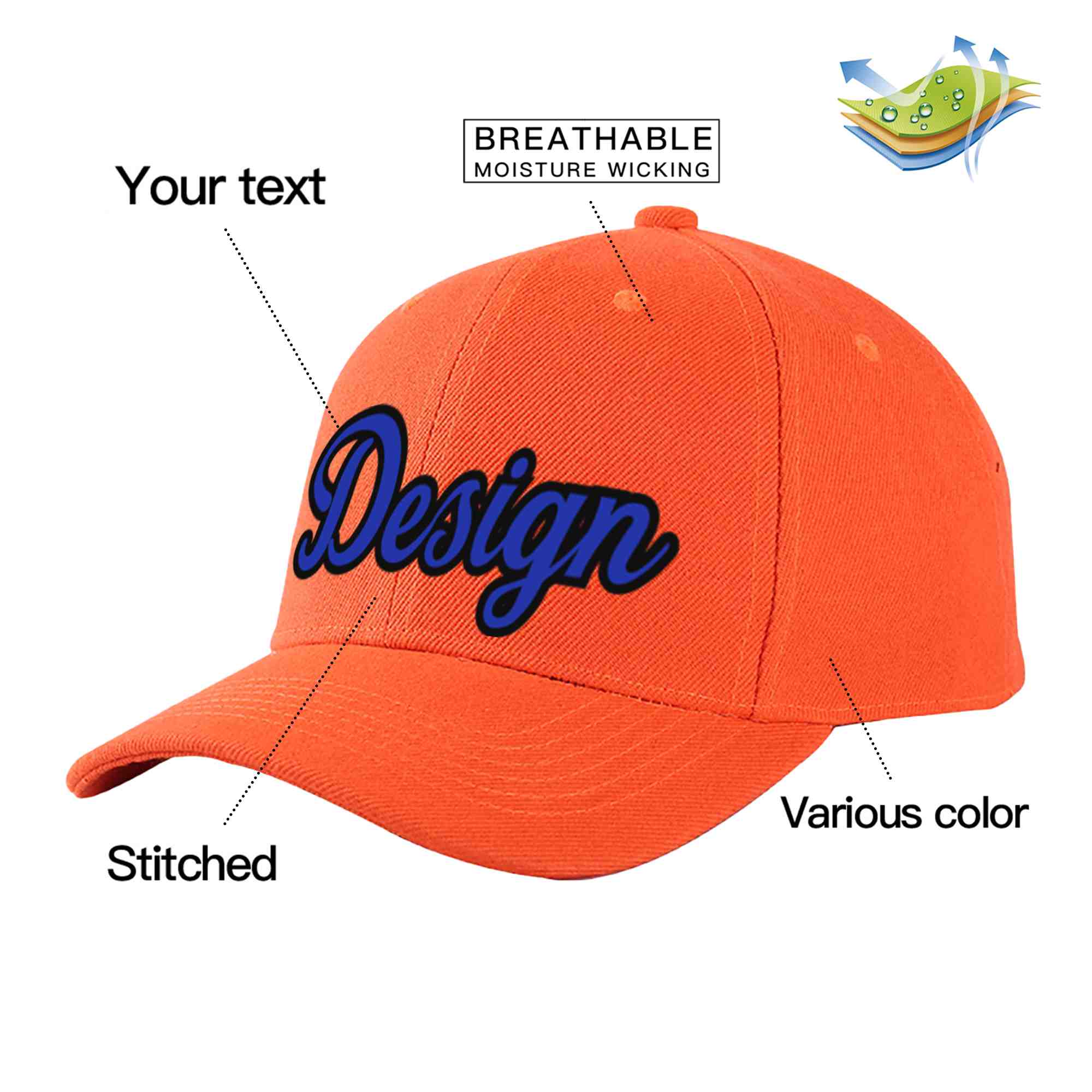 Custom Tangerine Royal-Black Curved Eaves Sport Design Baseball Cap