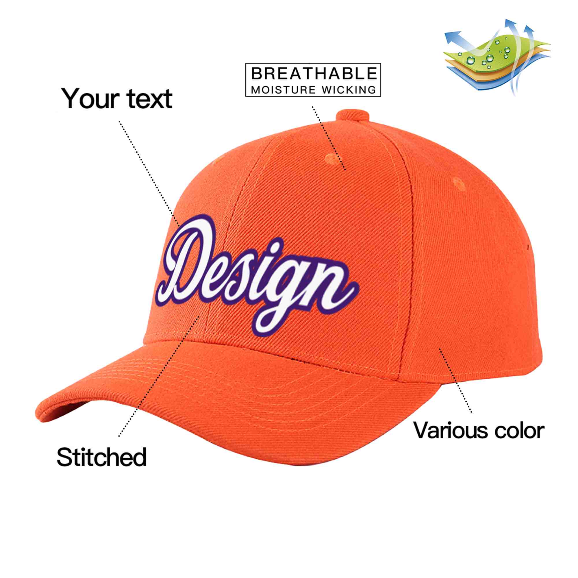 Casquette de baseball incurvée personnalisée Tangerine blanc-violet avec avant-toit