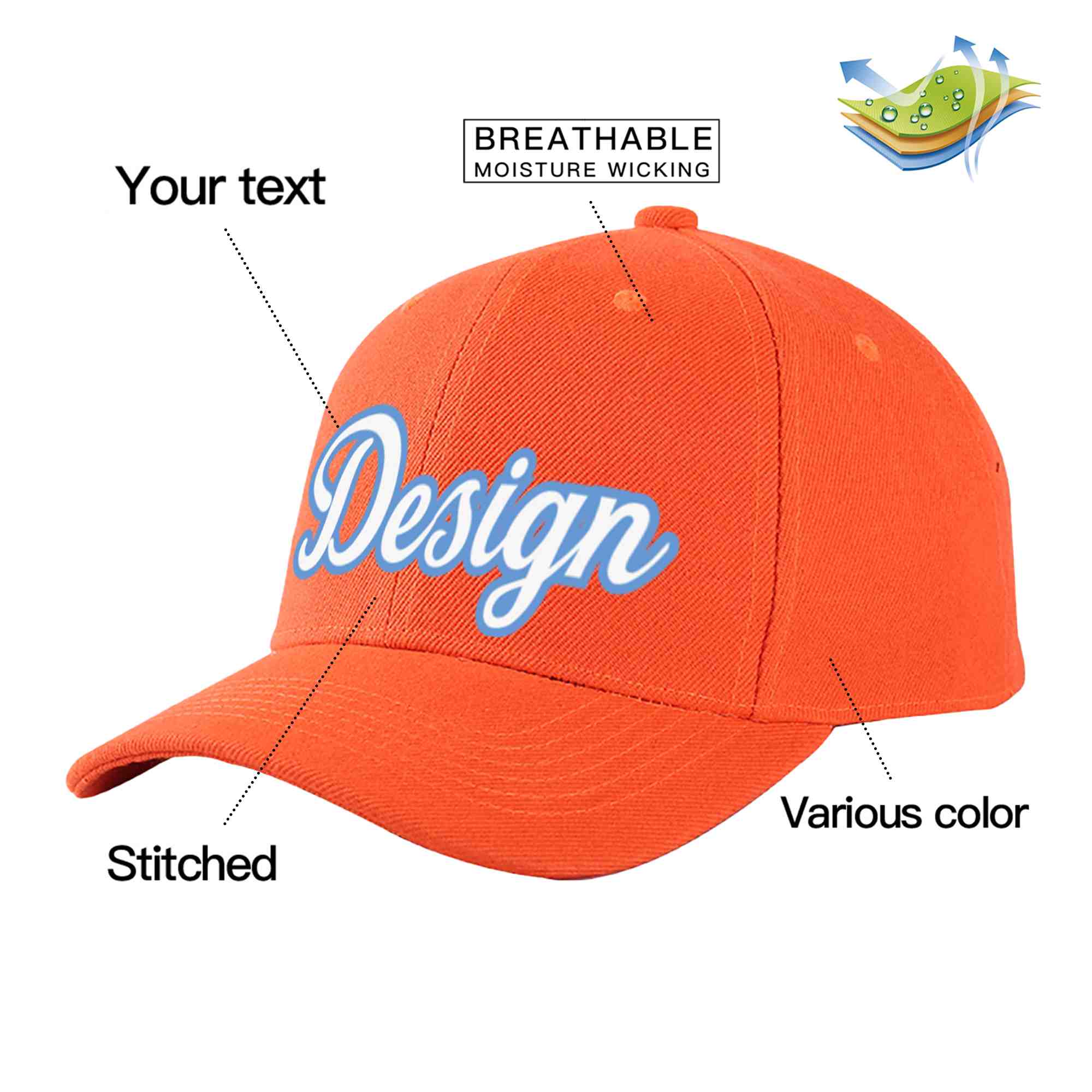 Casquette de baseball personnalisée Tangerine blanc-bleu clair incurvée Eaves Sport Design