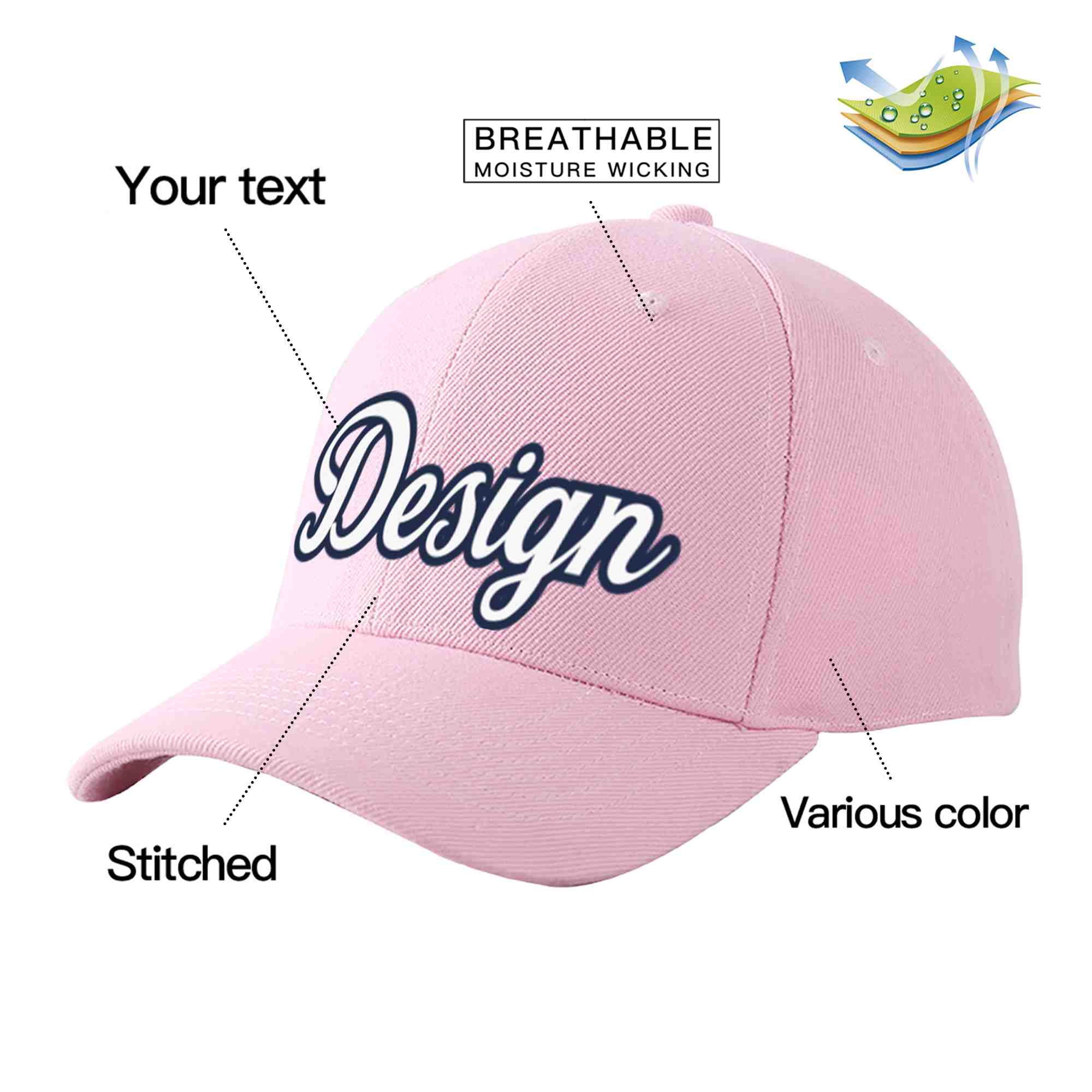 Custom Pink White-Navy Curved Eaves Sport Design Baseball Cap