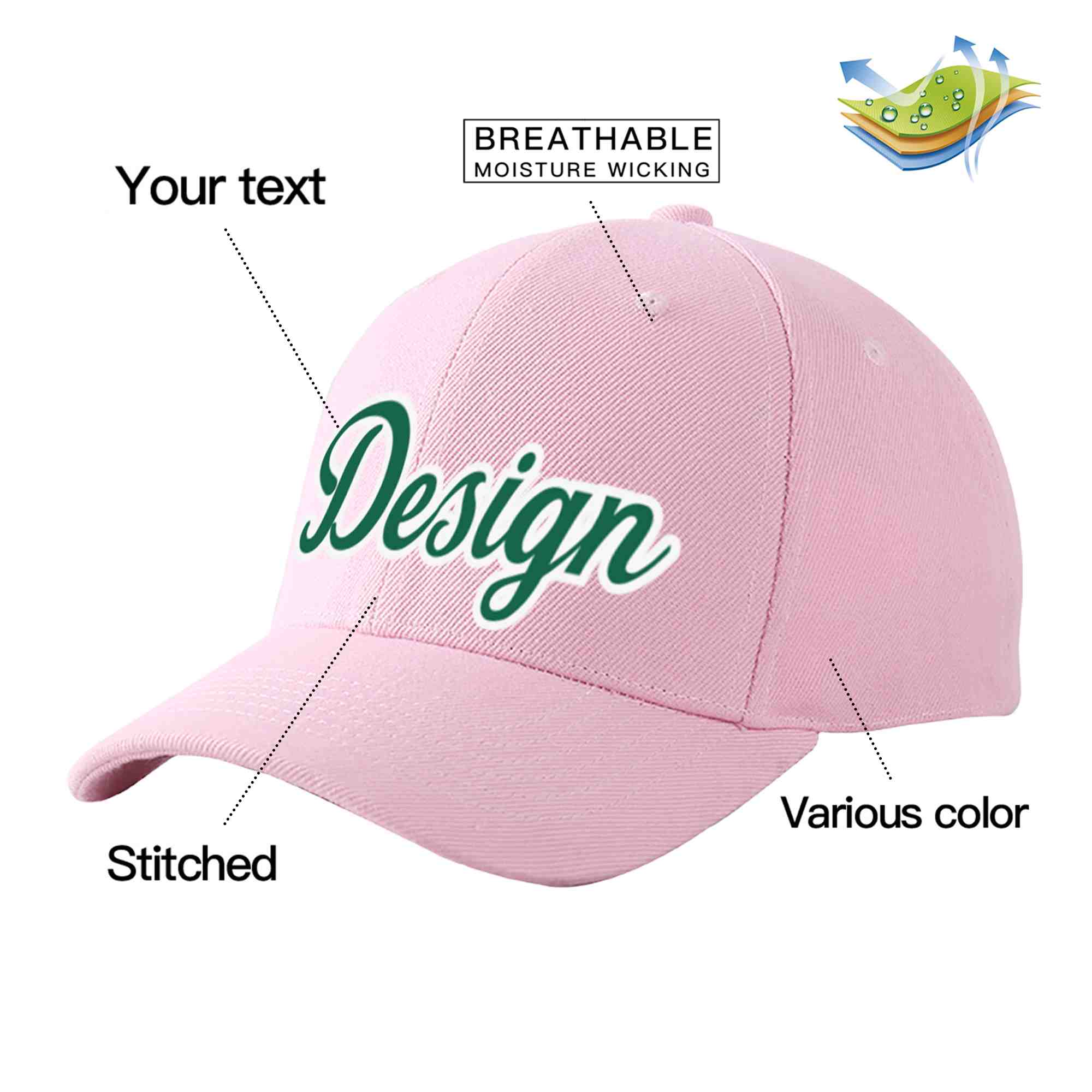 Custom Pink Kelly Green-White Curved Eaves Sport Design Baseball Cap