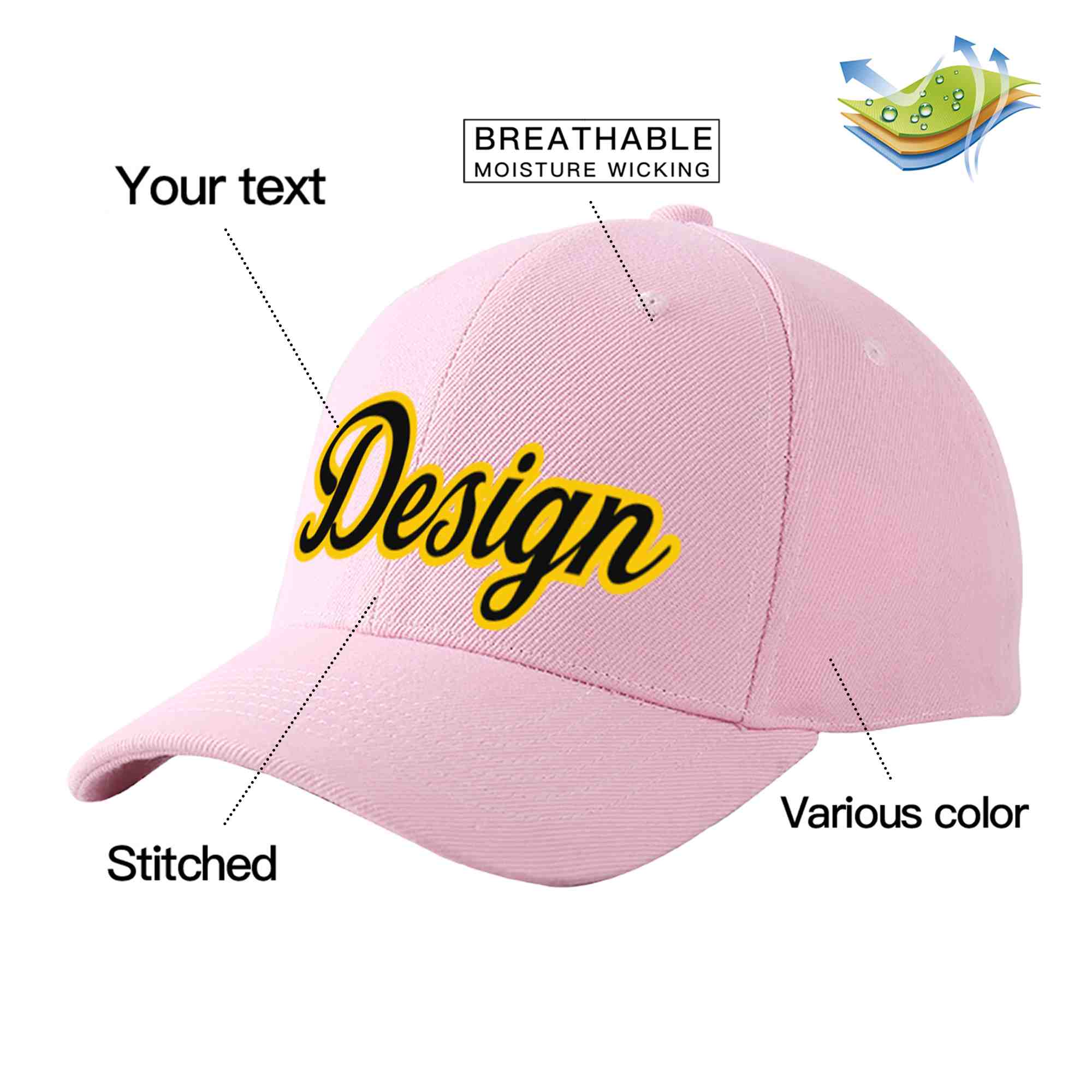 Custom Pink Black-Gold Curved Eaves Sport Design Baseball Cap