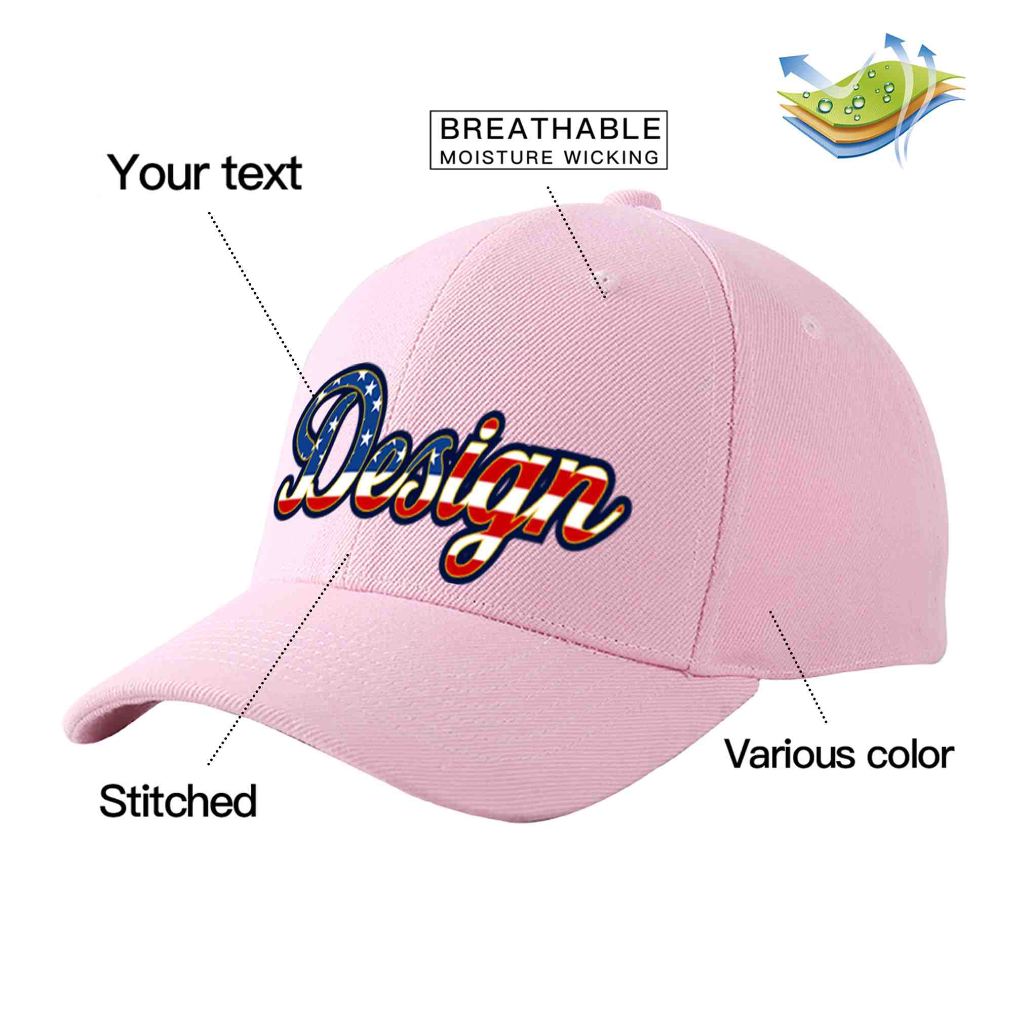 Casquette de baseball personnalisée rose vintage avec drapeau des États-Unis et avant-toit incurvé doré