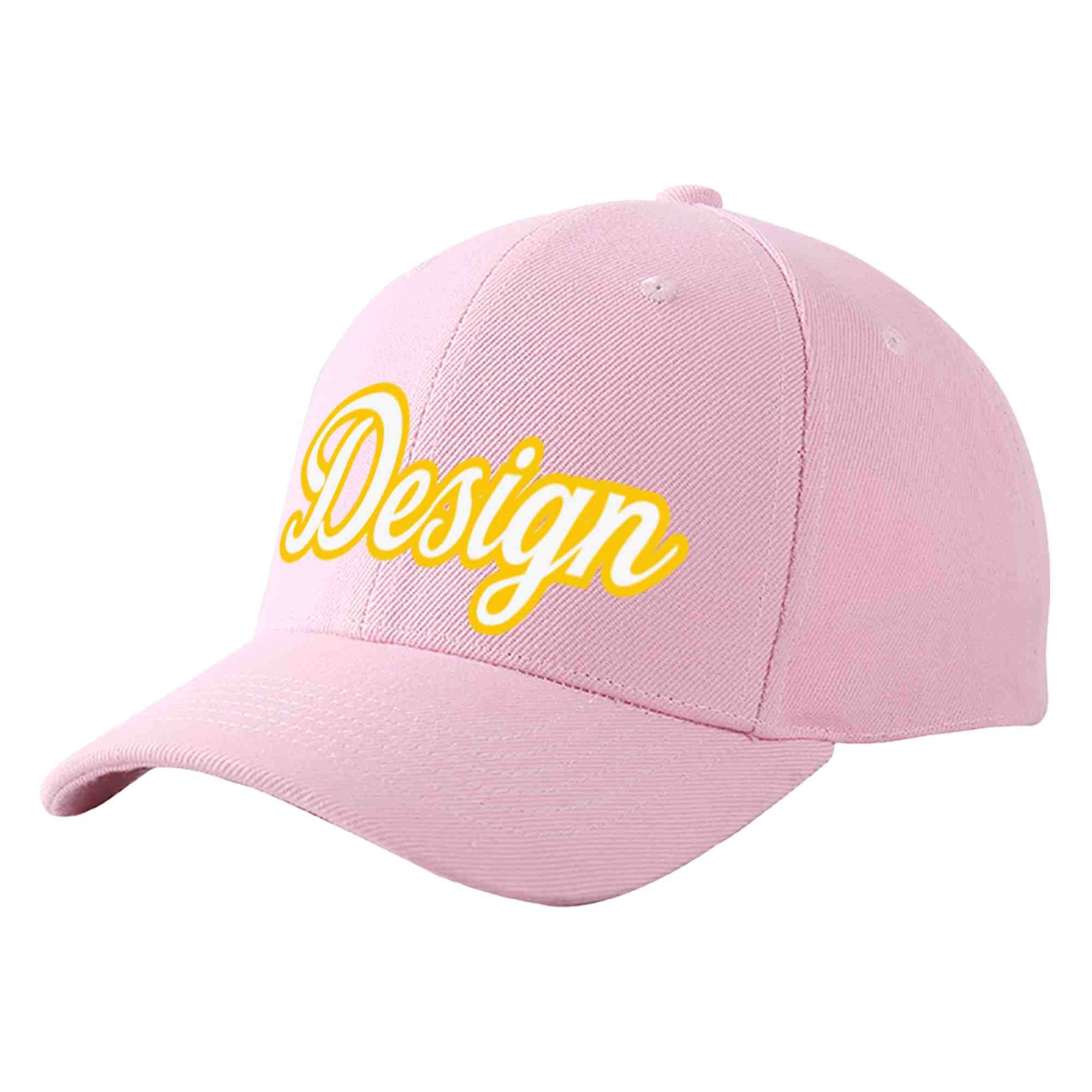 Custom Pink White-Gold Curved Eaves Sport Design Baseball Cap