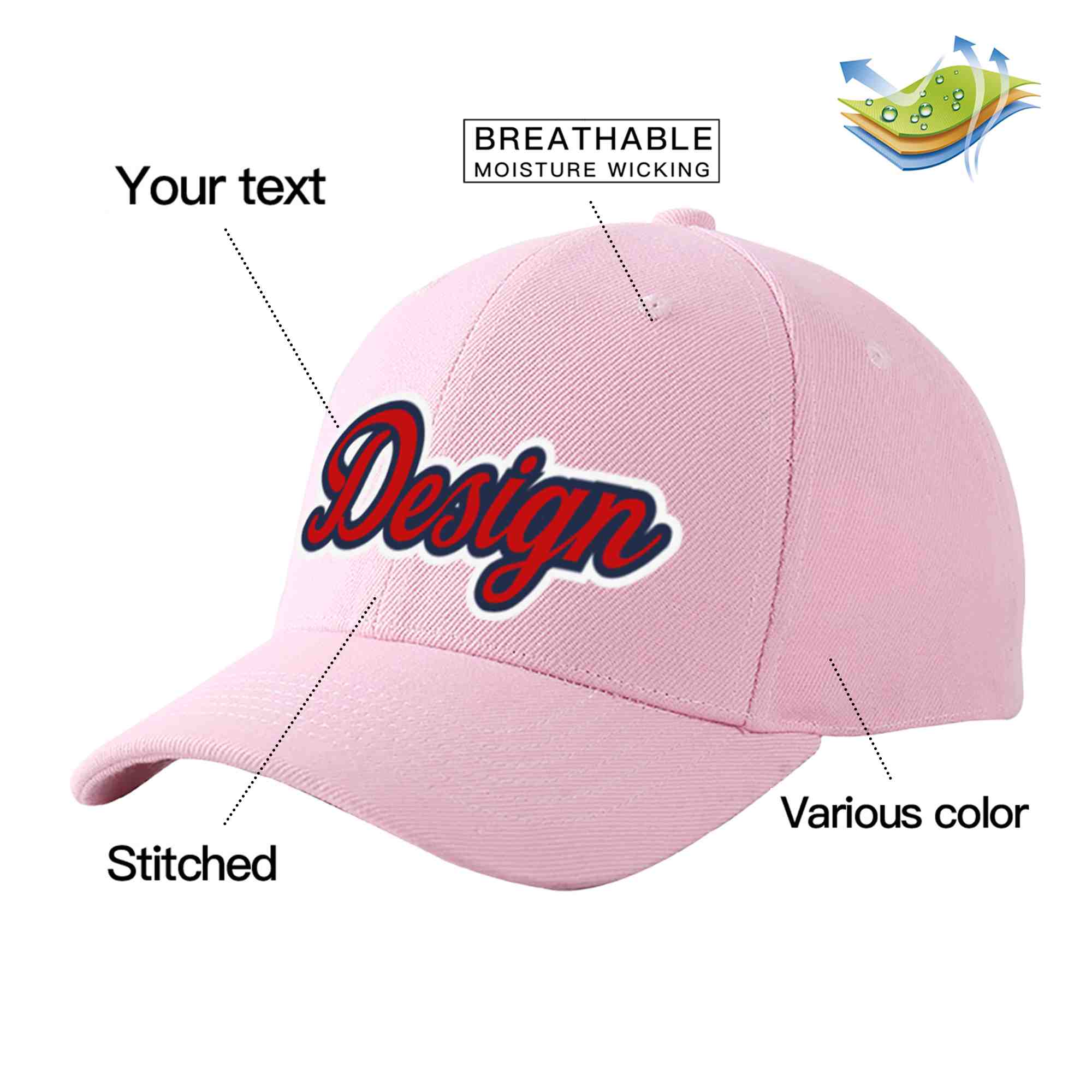 Custom Pink Red-Navy Curved Eaves Sport Design Baseball Cap