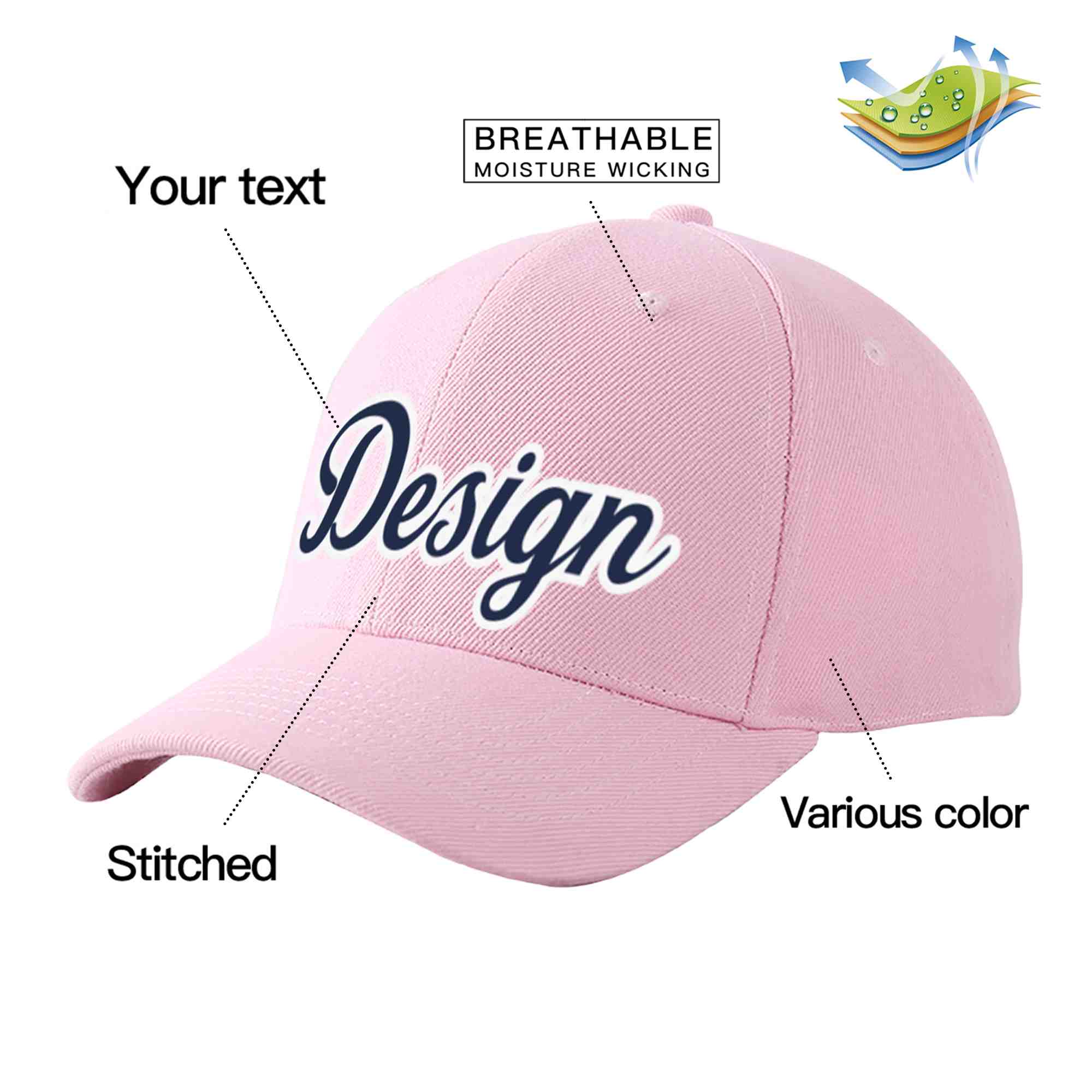 Custom Pink Navy-White Curved Eaves Sport Design Baseball Cap