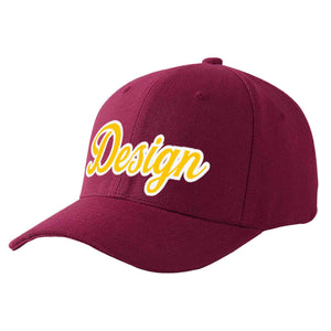 Custom Red Wine Gold-White Curved Eaves Sport Design Baseball Cap