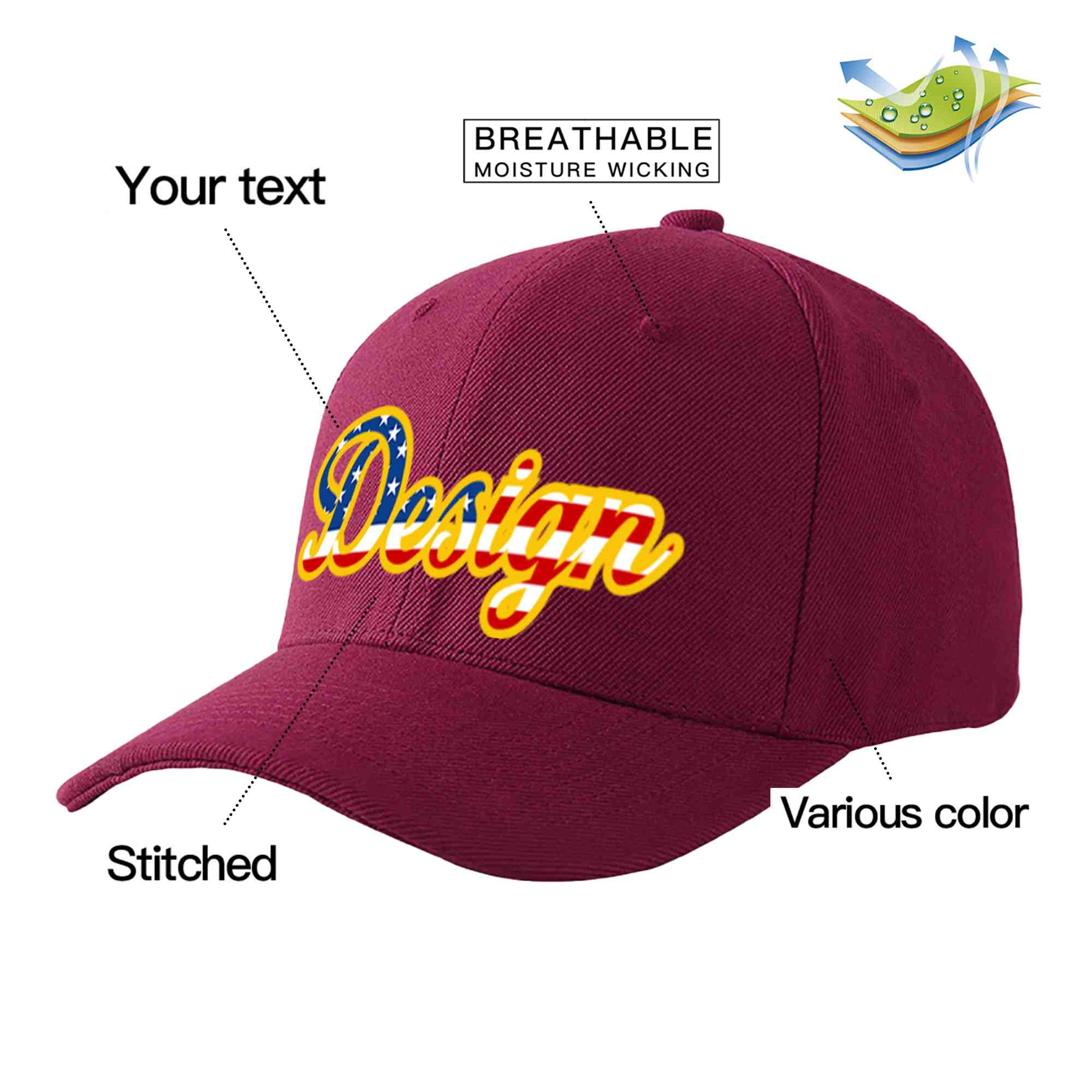 Custom Red Wine Vintage USA Flag-Gold Curved Eaves Sport Design Baseball Cap