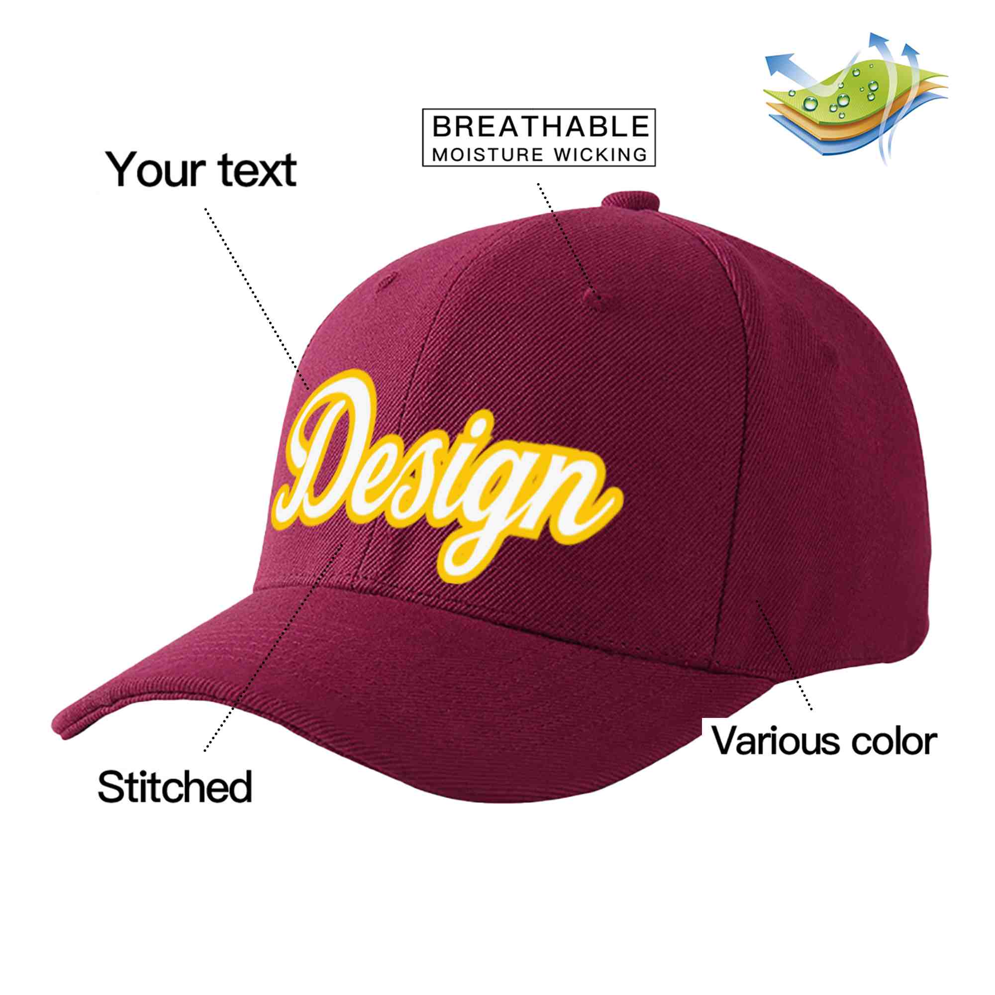 Custom Red Wine White-Gold Curved Eaves Sport Design Baseball Cap