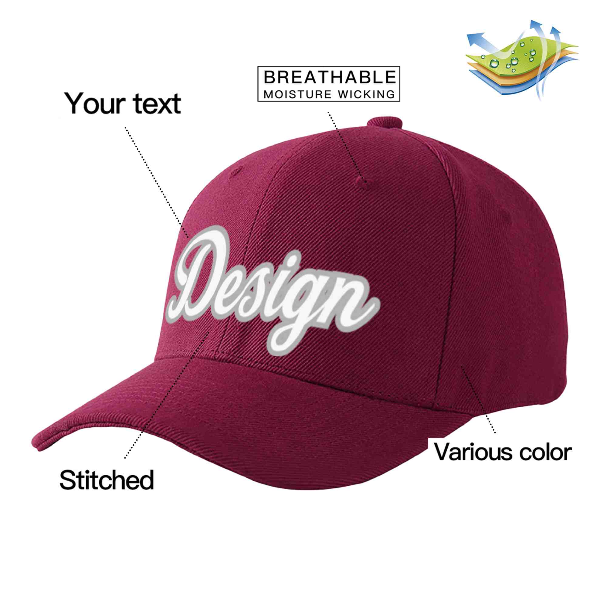 Custom Red Wine White-Gray Curved Eaves Sport Design Baseball Cap