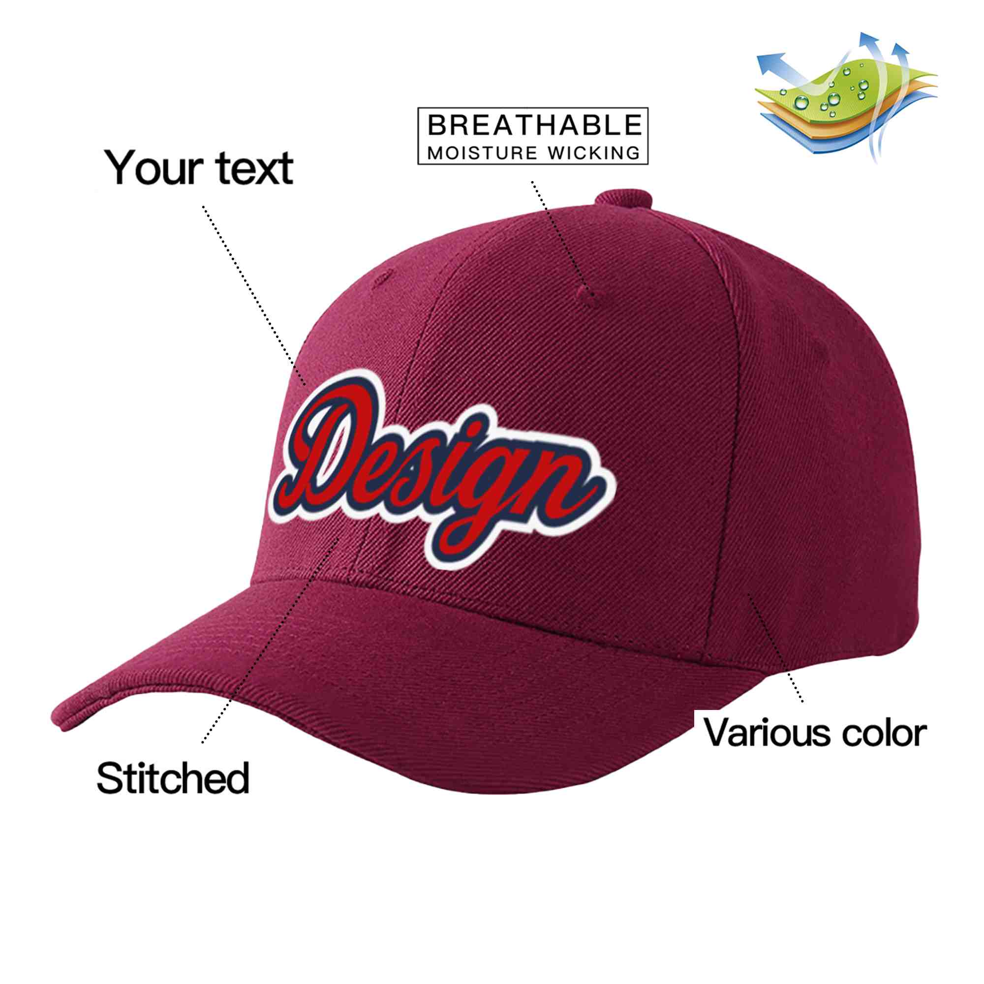 Casquette de baseball personnalisée avec avant-toit incurvé, vin rouge et marine, design sportif