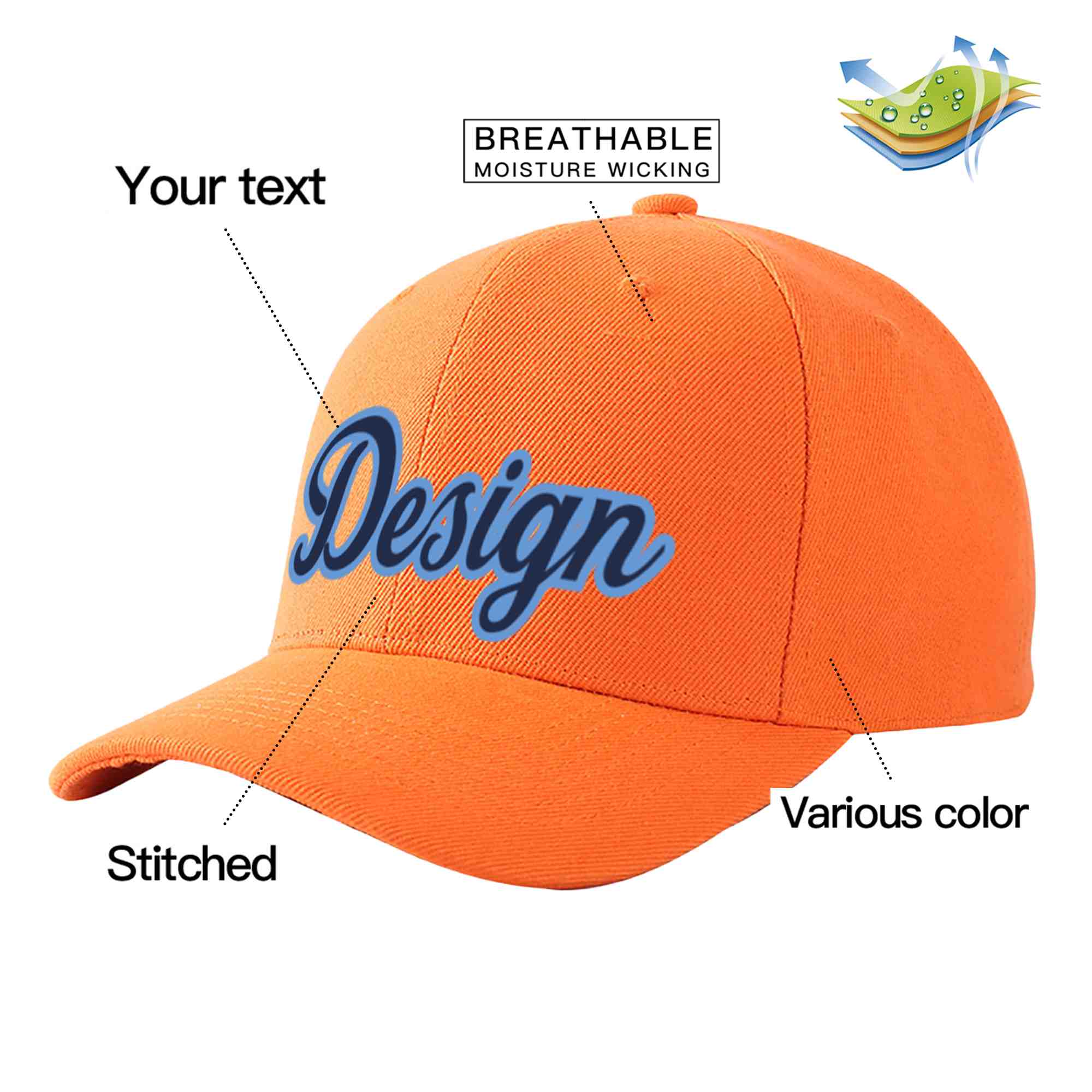 Casquette de baseball personnalisée orange marine-bleu clair incurvée Eaves Sport Design