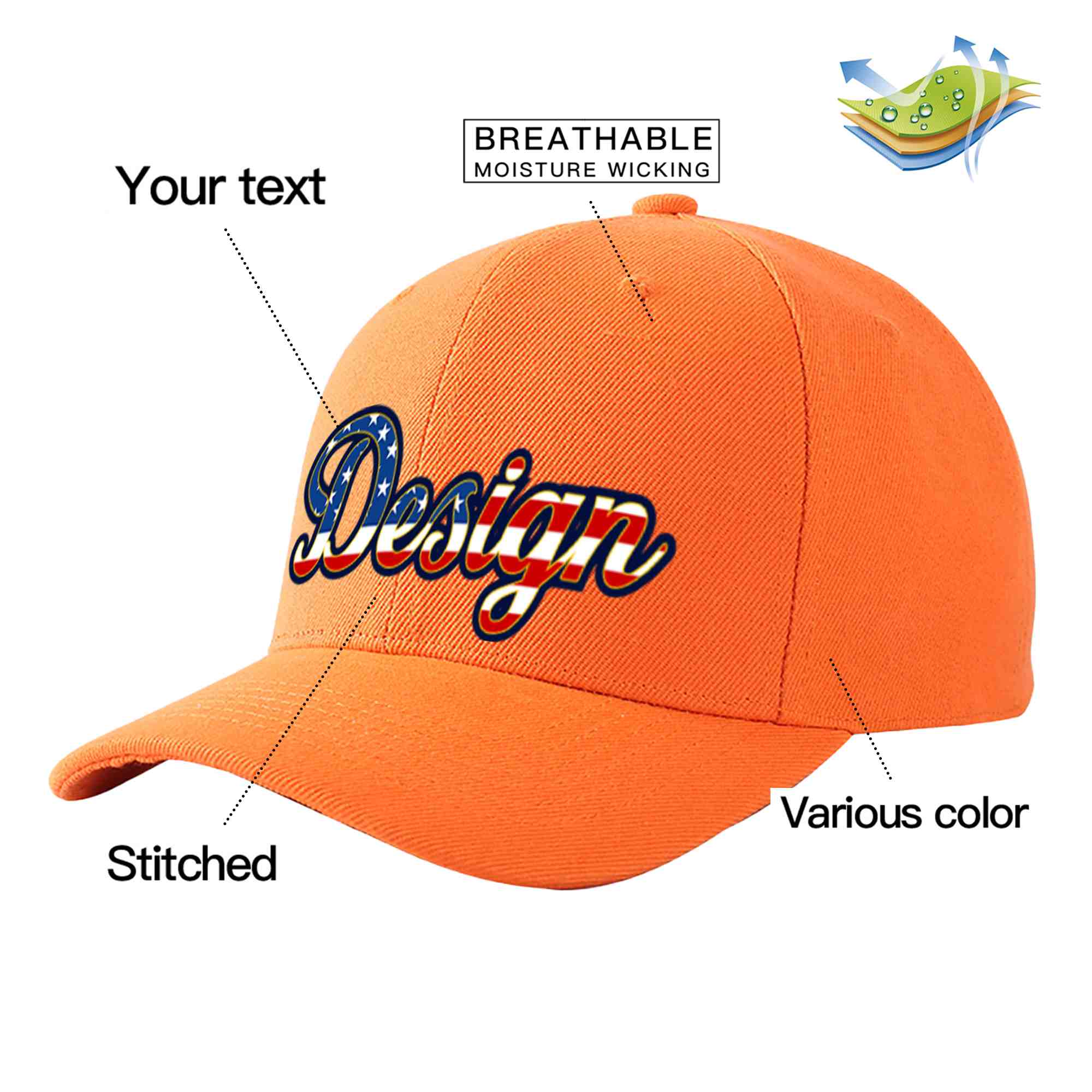 Custom Orange Vintage USA Flag-Gold Curved Eaves Sport Design Baseball Cap