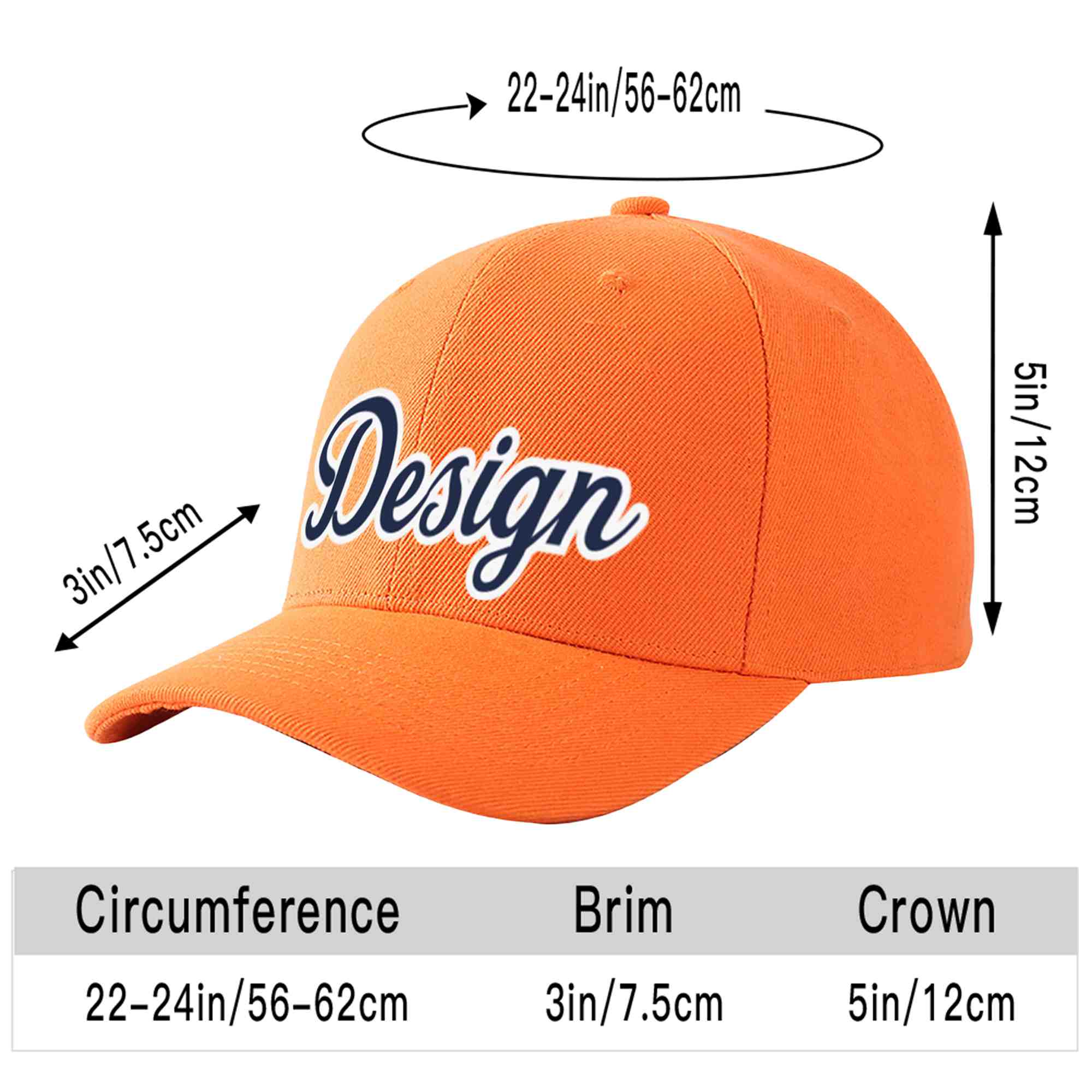 Custom Orange Navy-White Curved Eaves Sport Design Baseball Cap