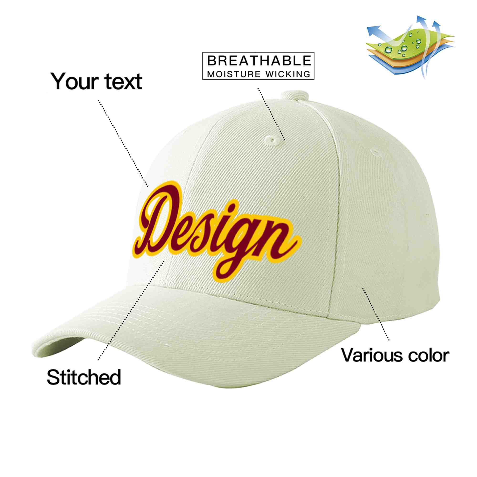 Casquette de baseball incurvée personnalisée crème cramoisi-or avec avant-toit