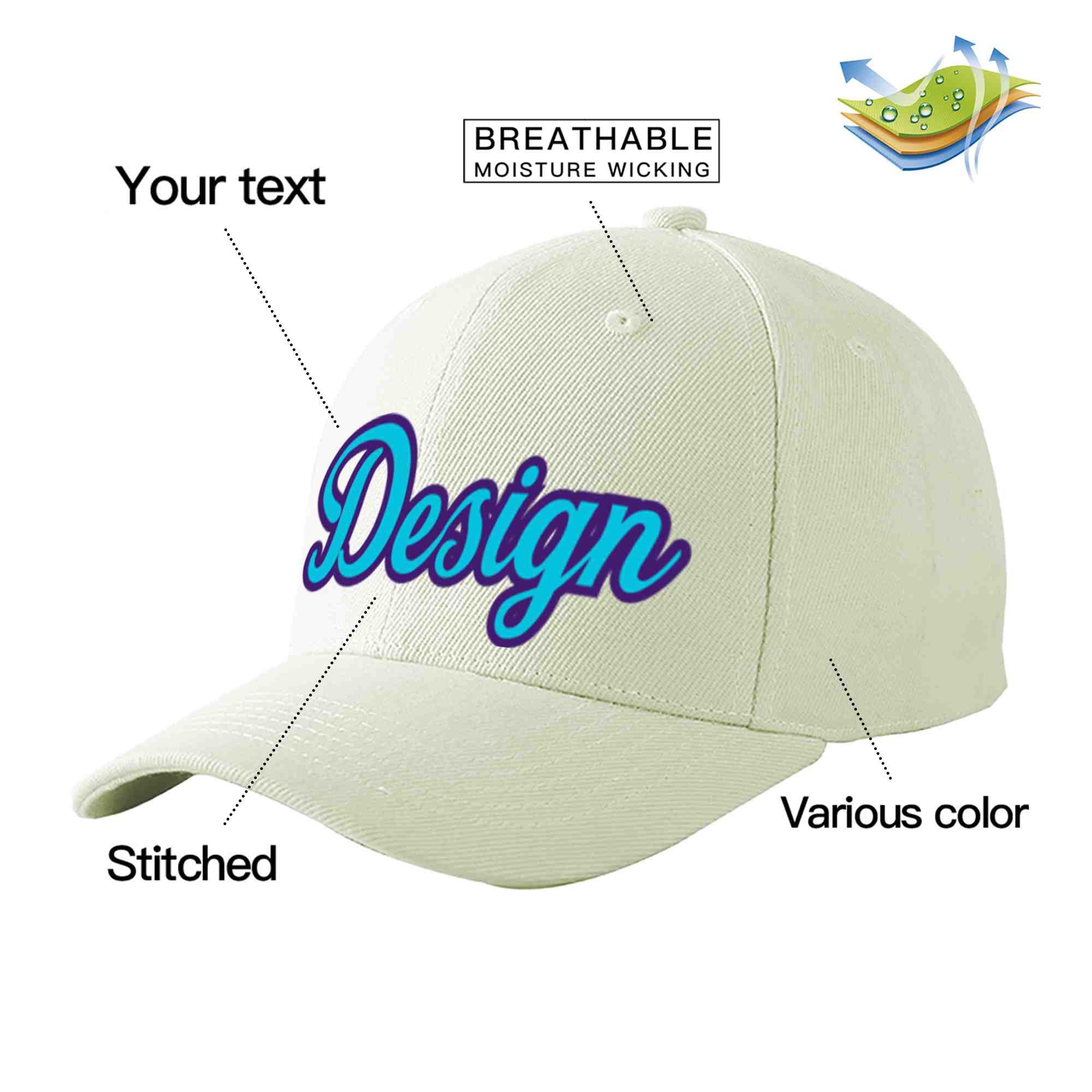 Custom Cream Light Blue-Purple Curved Eaves Sport Design Baseball Cap