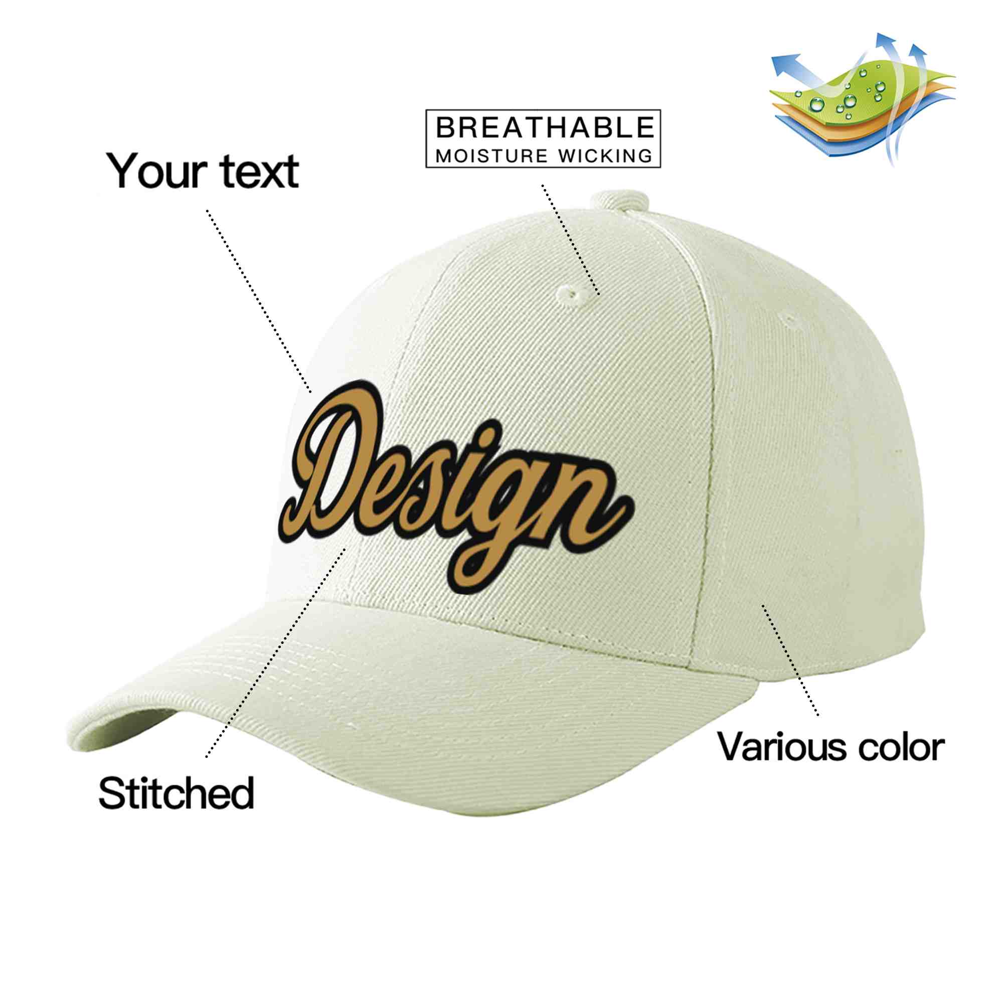 Custom Cream Old Gold-Black Curved Eaves Sport Design Baseball Cap