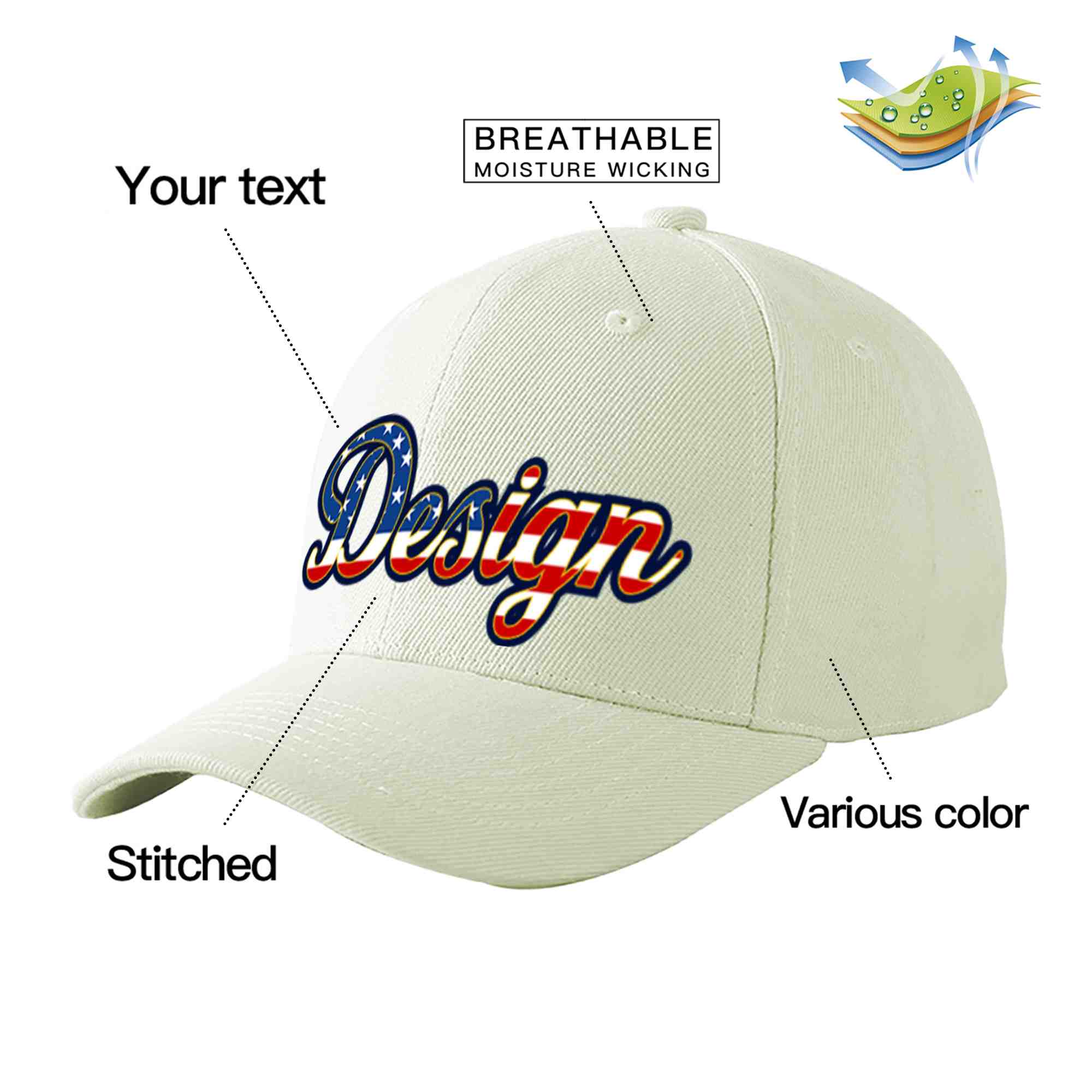 Casquette de baseball personnalisée crème vintage avec drapeau américain et avant-toit incurvé doré