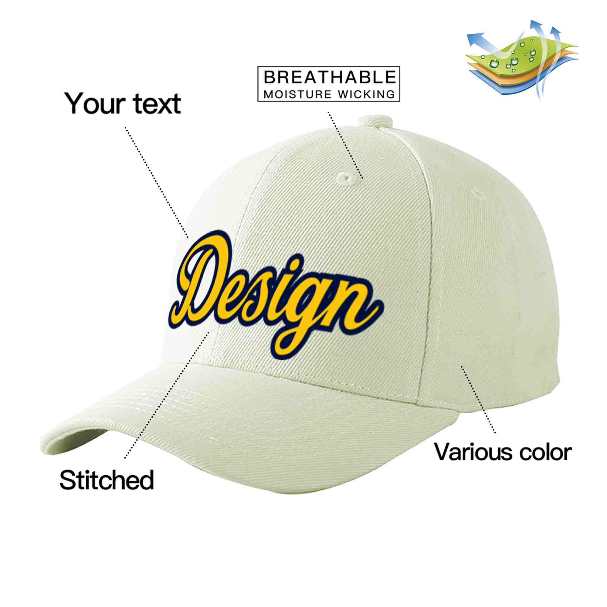 Casquette de baseball personnalisée crème or-marine courbée Eaves Sport Design