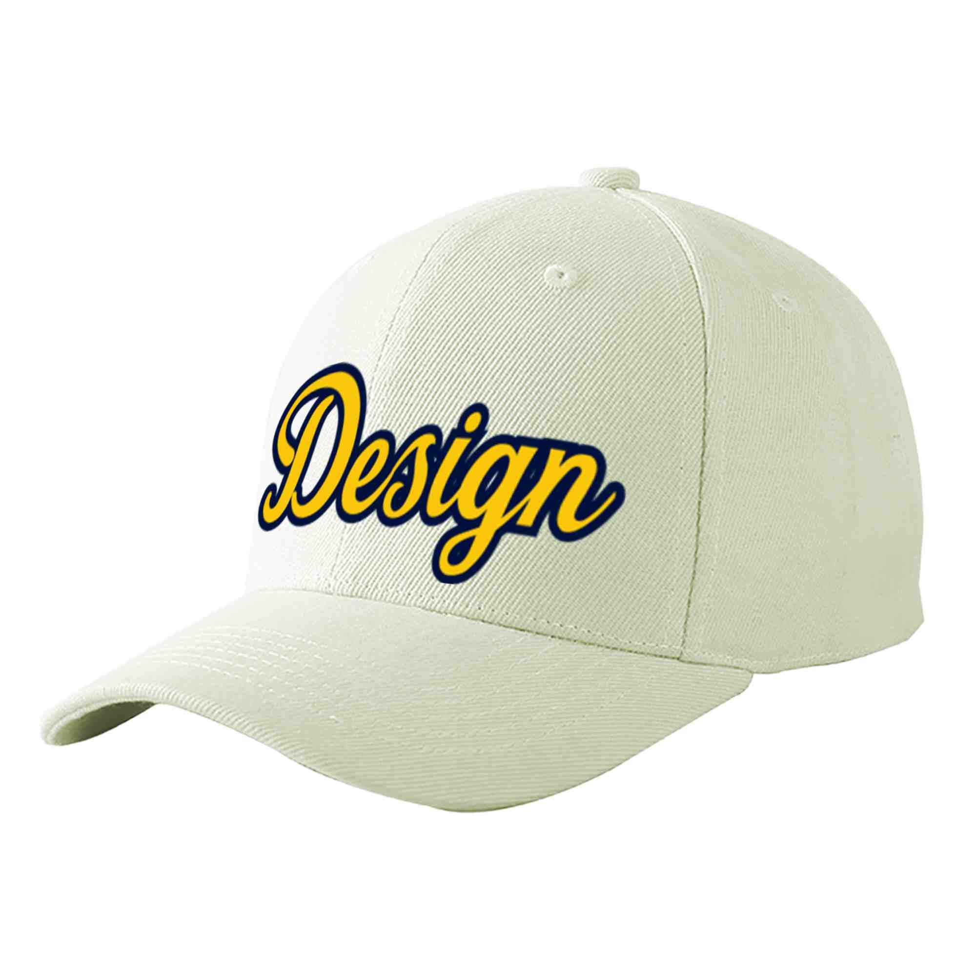 Custom Cream Gold-Navy Curved Eaves Sport Design Baseball Cap